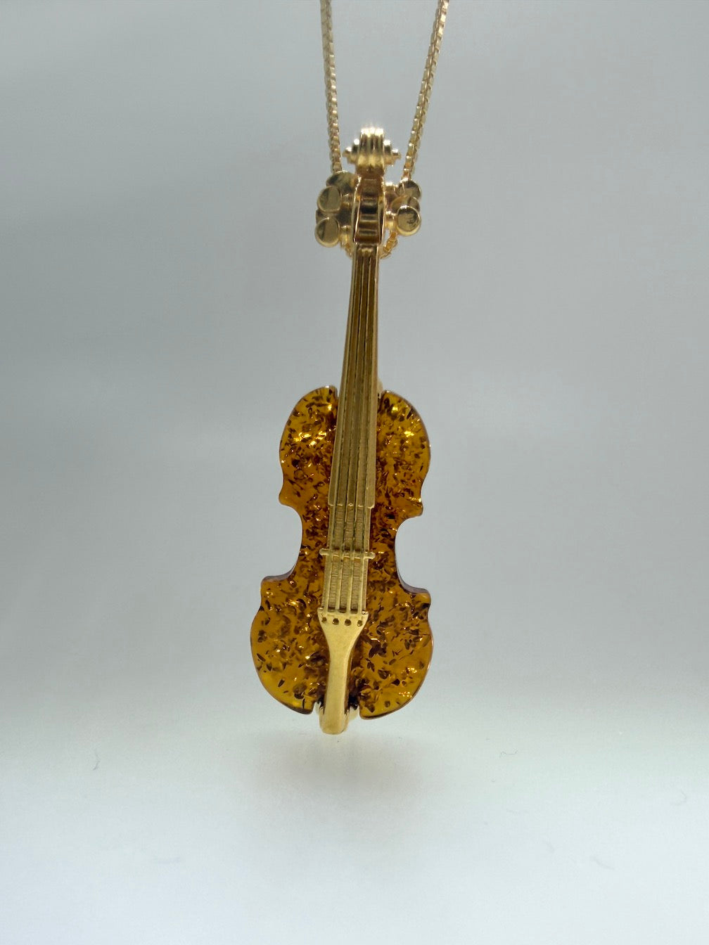 Gold Platted Sterling Silver & Cognac Baltic Amber Double Bass Contrabass Pendant Brooch | 2-in-1 Music Lover Gift