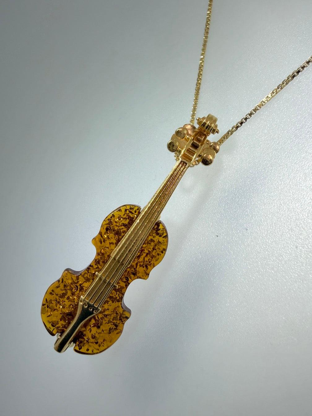 Gold Platted Sterling Silver & Cognac Baltic Amber Double Bass Contrabass Pendant Brooch | 2-in-1 Music Lover Gift
