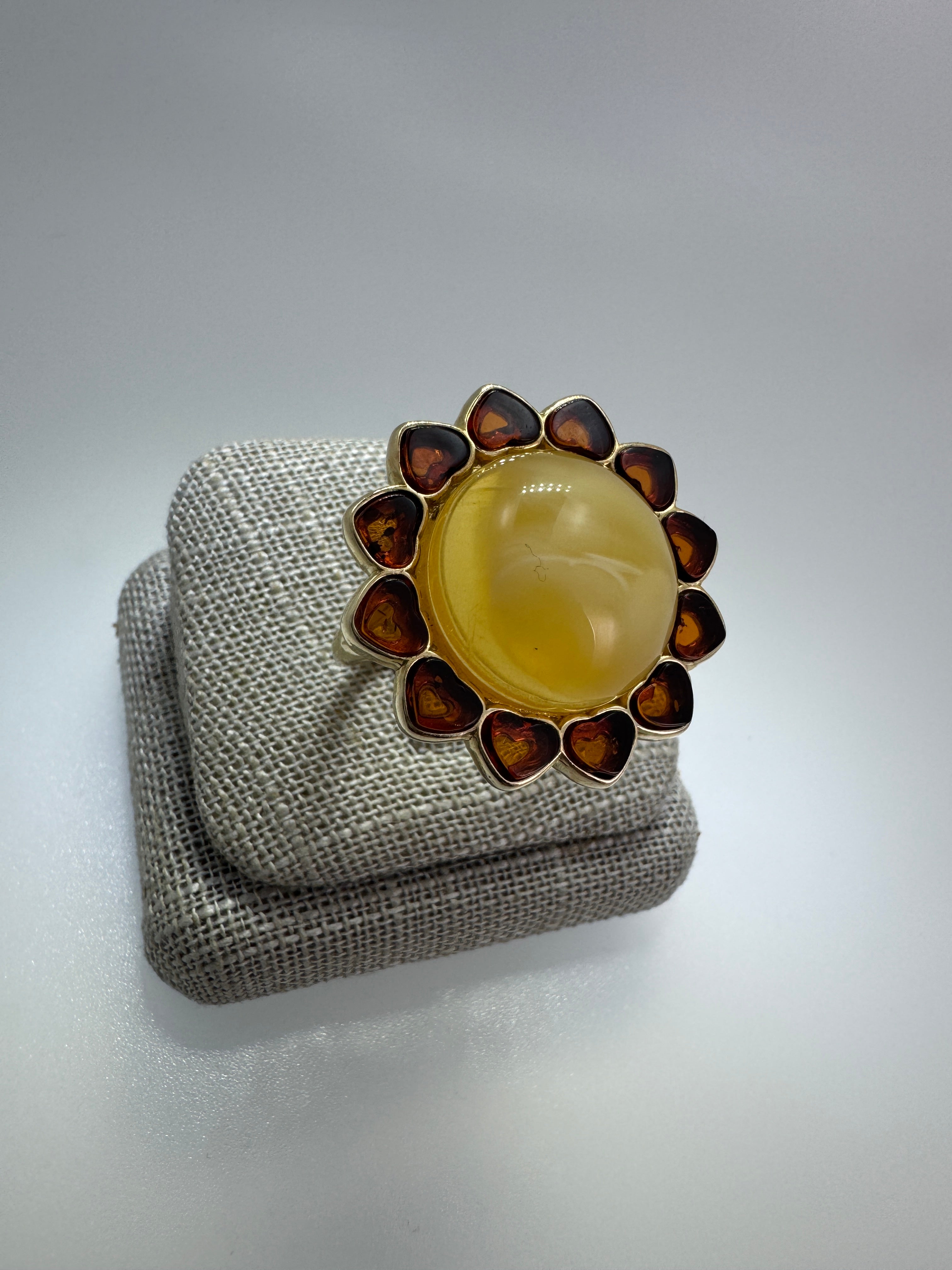 Gold Plated Sterling Silver Baltic Amber Heart Ring – Adjustable Multi-Stone Handmade in Poland