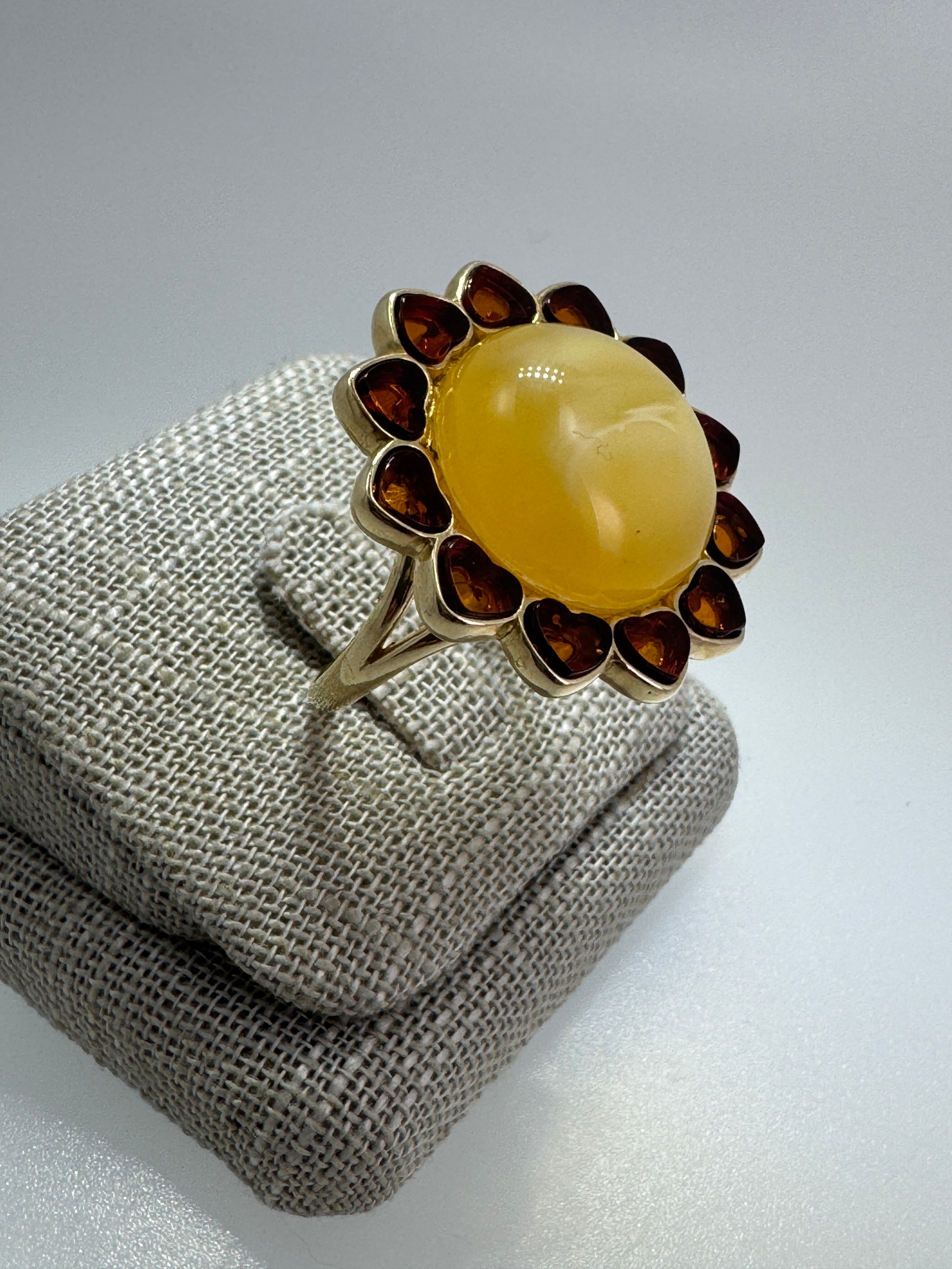 Gold Plated Sterling Silver Baltic Amber Heart Ring – Adjustable Multi-Stone Handmade in Poland