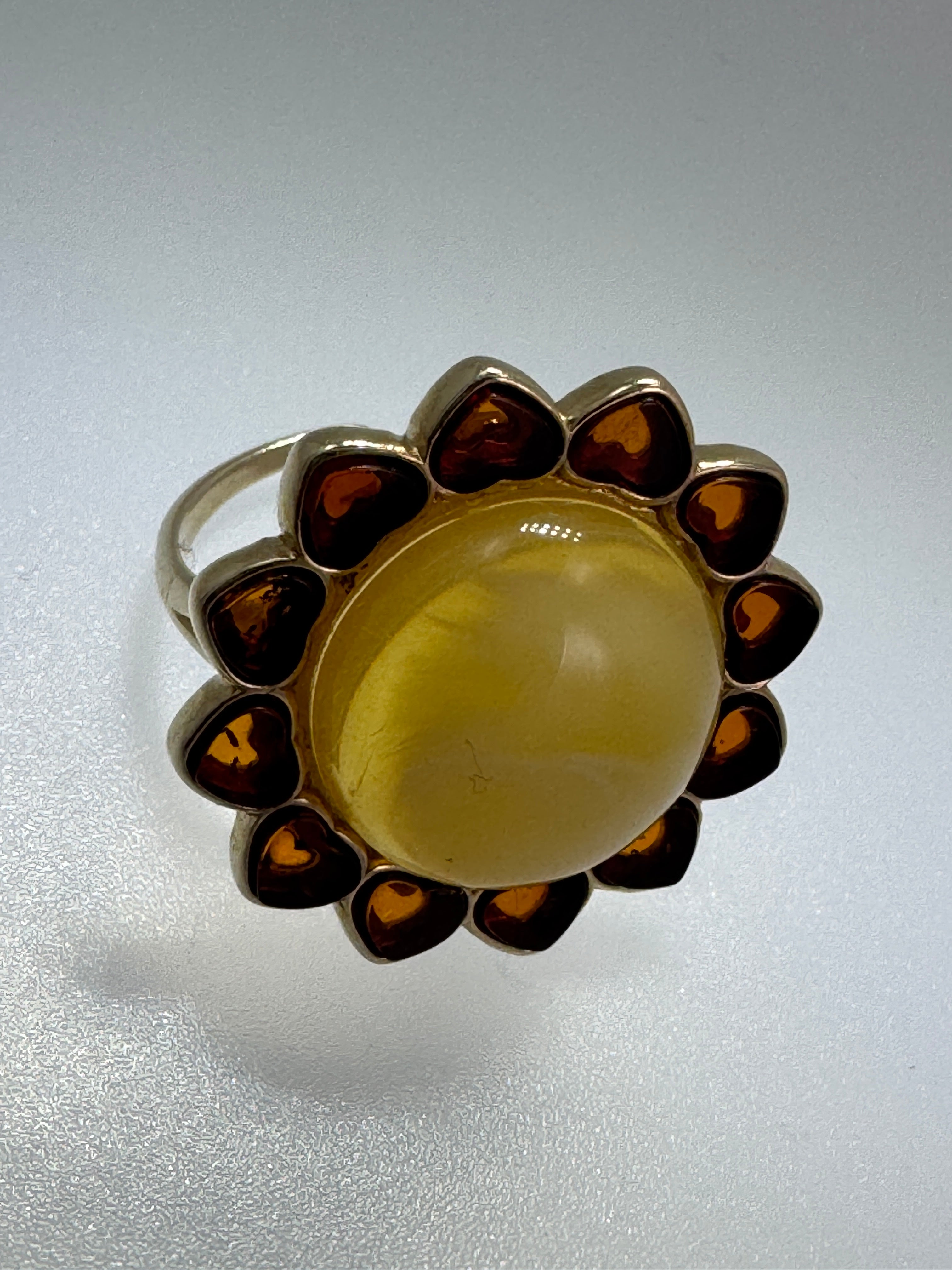 Gold Plated Sterling Silver Baltic Amber Heart Ring – Adjustable Multi-Stone Handmade in Poland