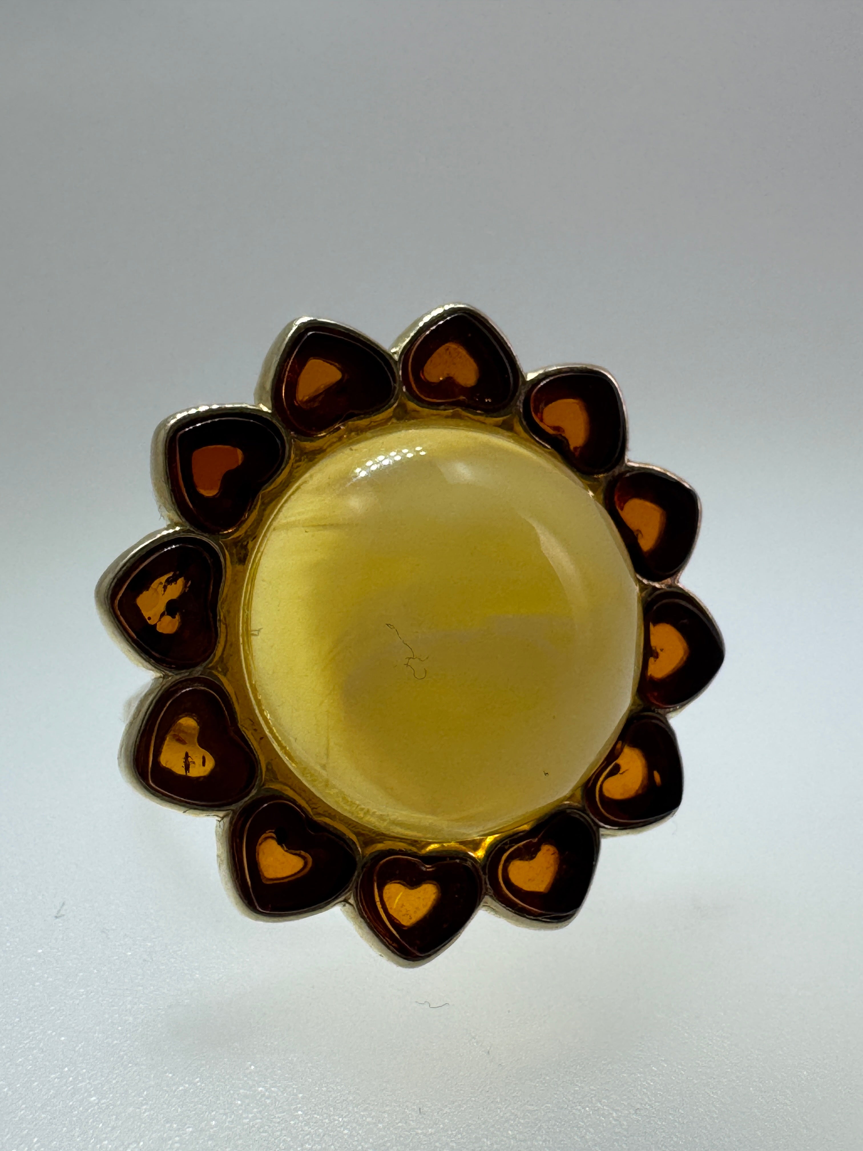 Gold Plated Sterling Silver Baltic Amber Heart Ring – Adjustable Multi-Stone Handmade in Poland