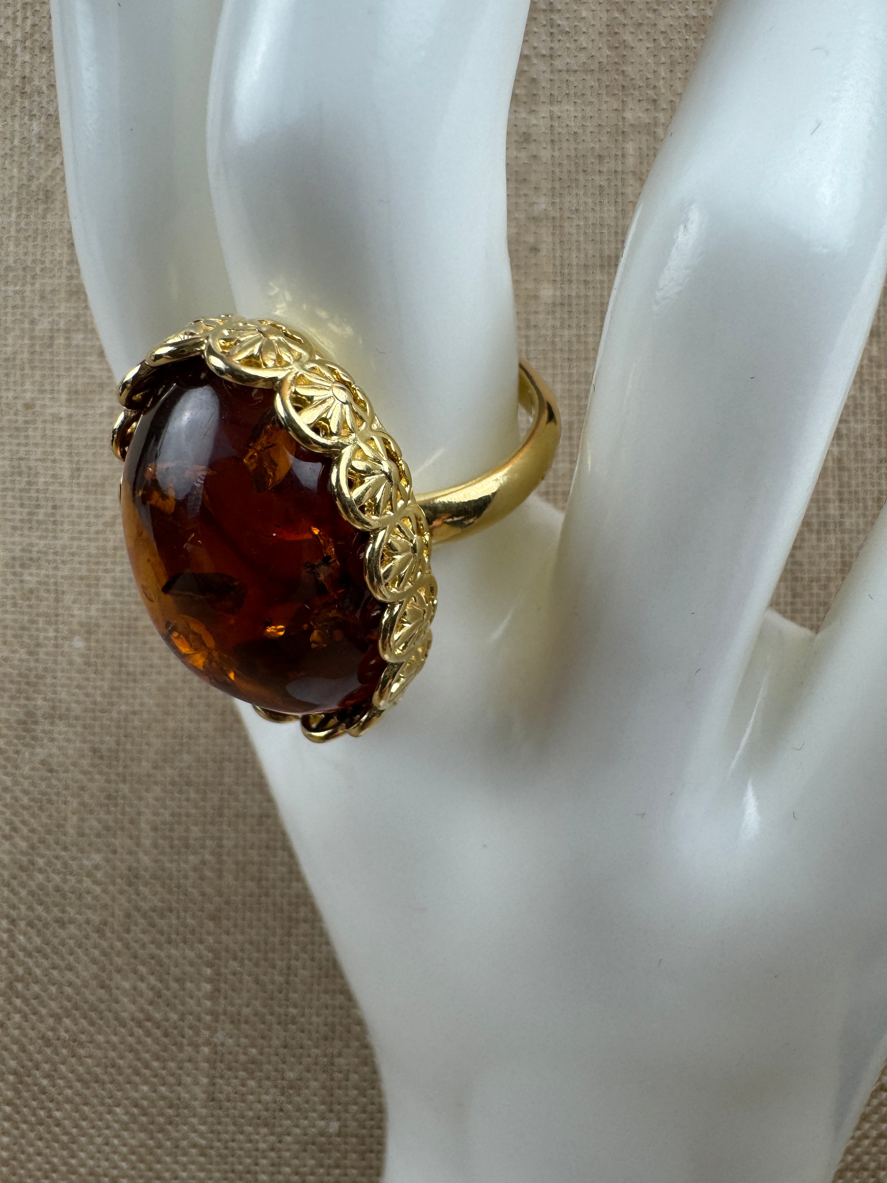 Gold Plated Sterling Silver Cognac Baltic Amber Ring – Handmade in Poland – 18x25mm Cabochon