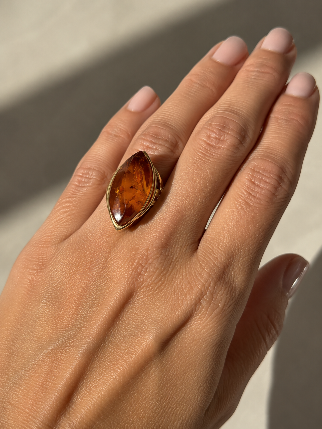 Genuine Baltic Amber Faceted Ring – Handmade in Poland – Gold Plated Sterling Silver – Adjustable Open Shank – One of a Kind – Natural Cognac Baltic Amber