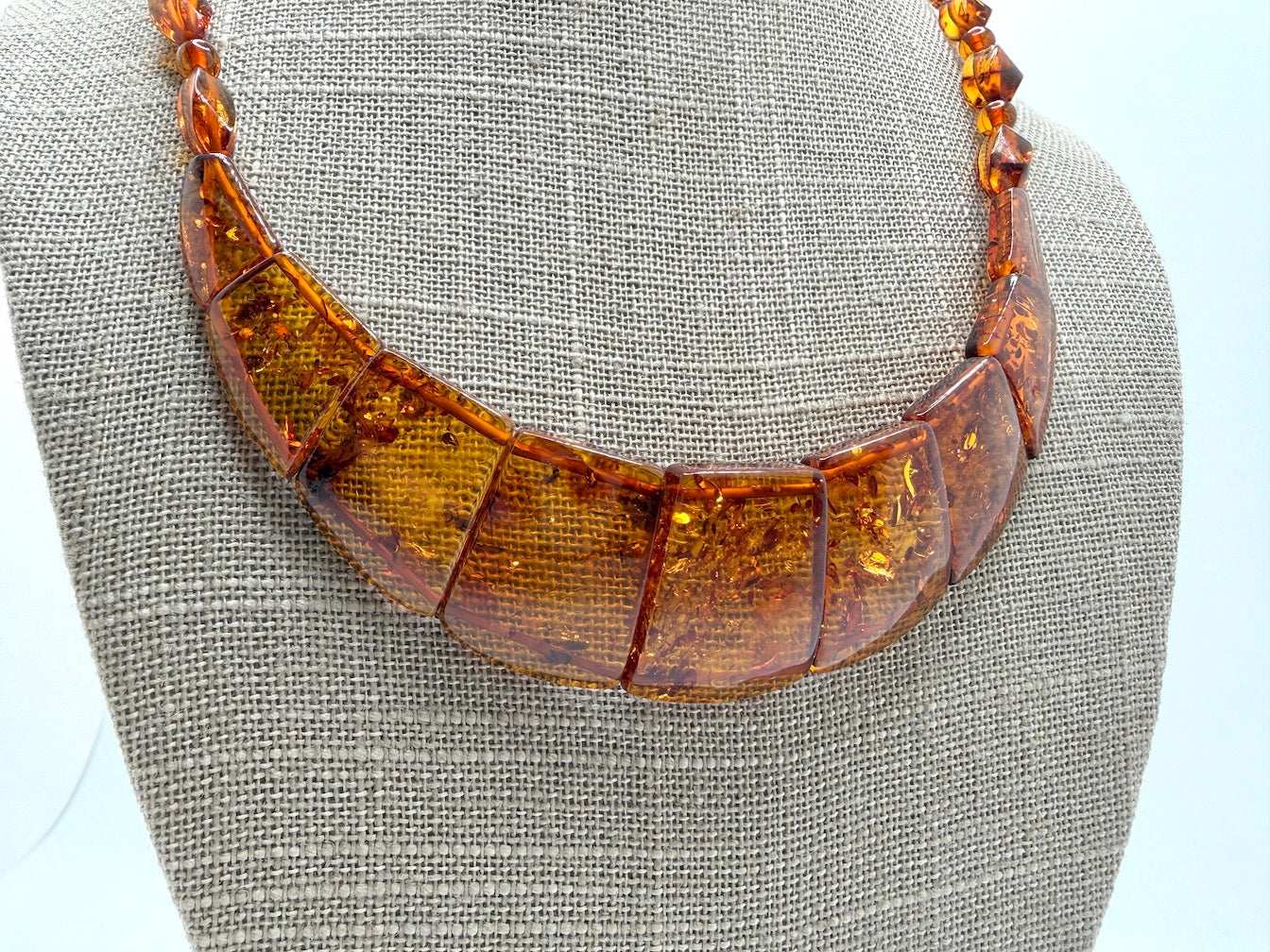 Graduated Baltic Amber Bib Necklace Genuine Honey Cognac Beads, Elegant Flat-Cut Design