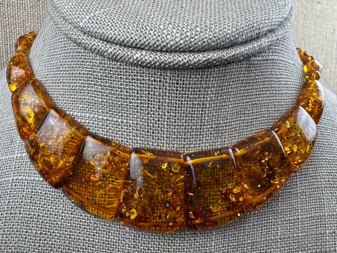 Graduated Baltic Amber Bib Necklace Genuine Honey Cognac Beads, Elegant Flat-Cut Design