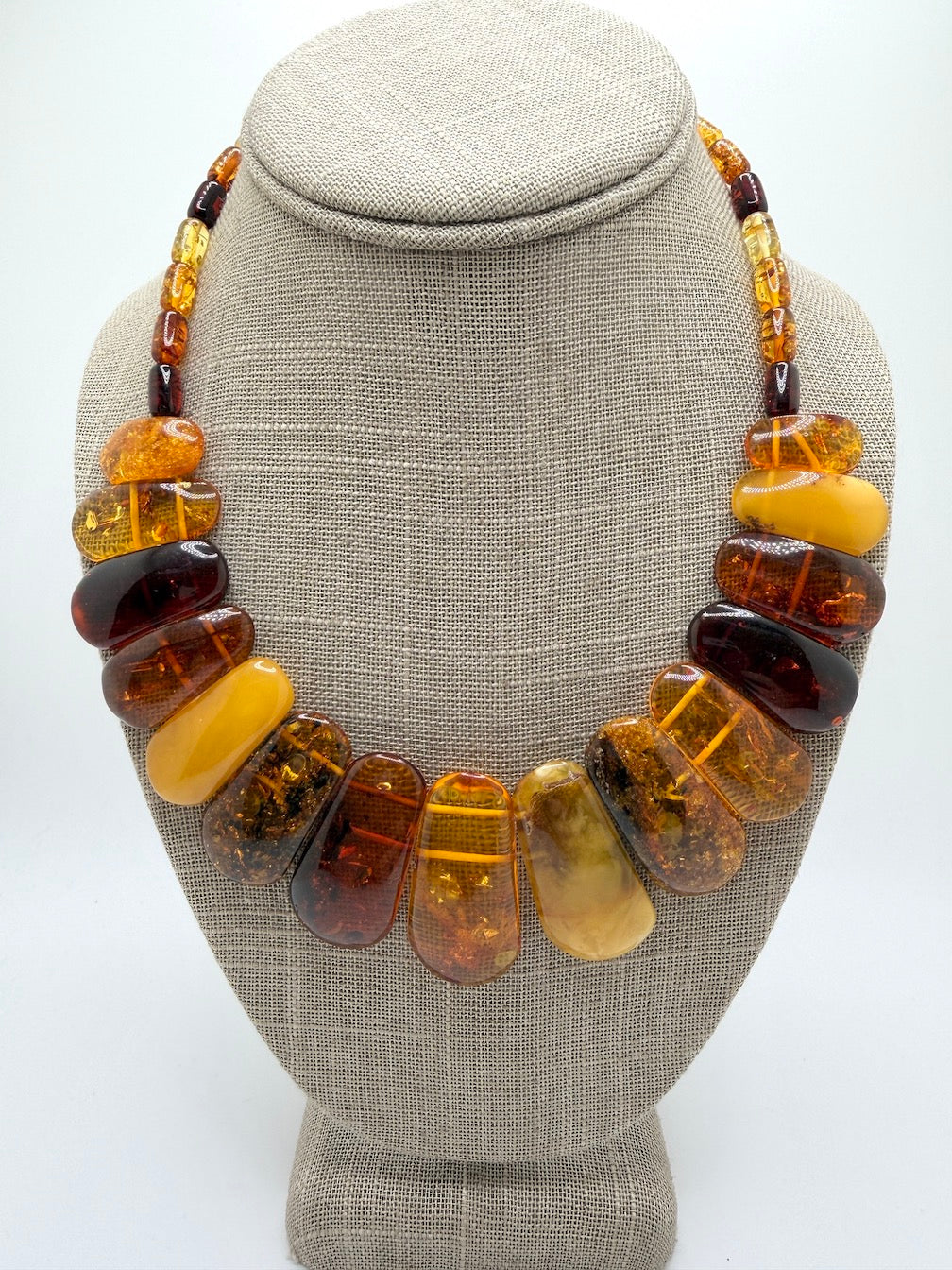 Graduated Baltic Amber Bib Necklace Genuine Multi-Color Beads, Elegant Flat-Cut Design