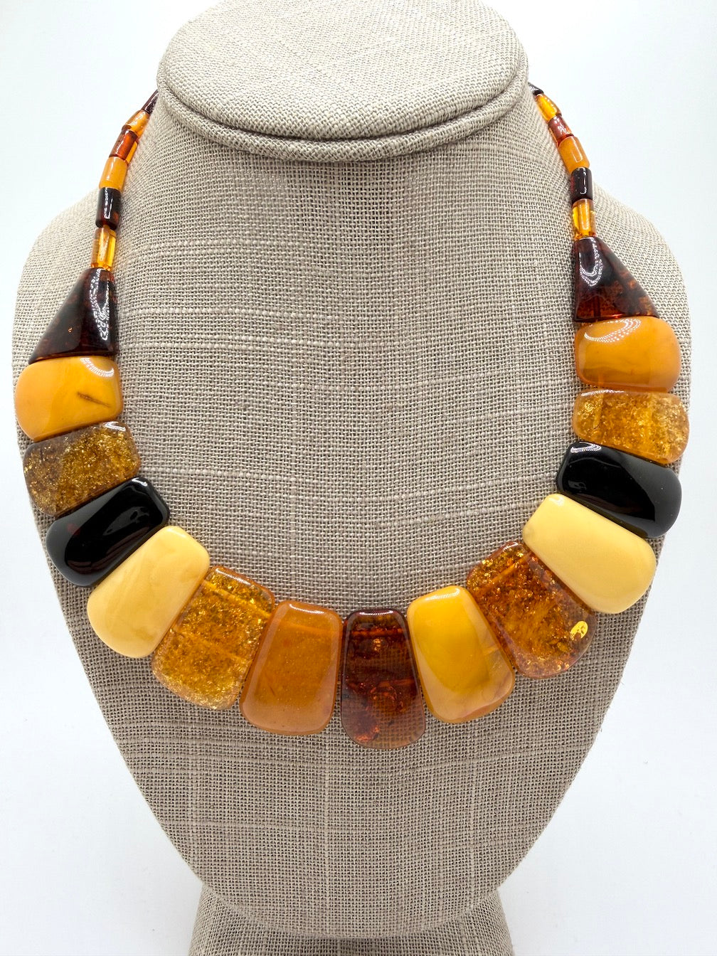Graduated Baltic Amber Bib Necklace Genuine Multi-Color Beads, Elegant Flat-Cut Design