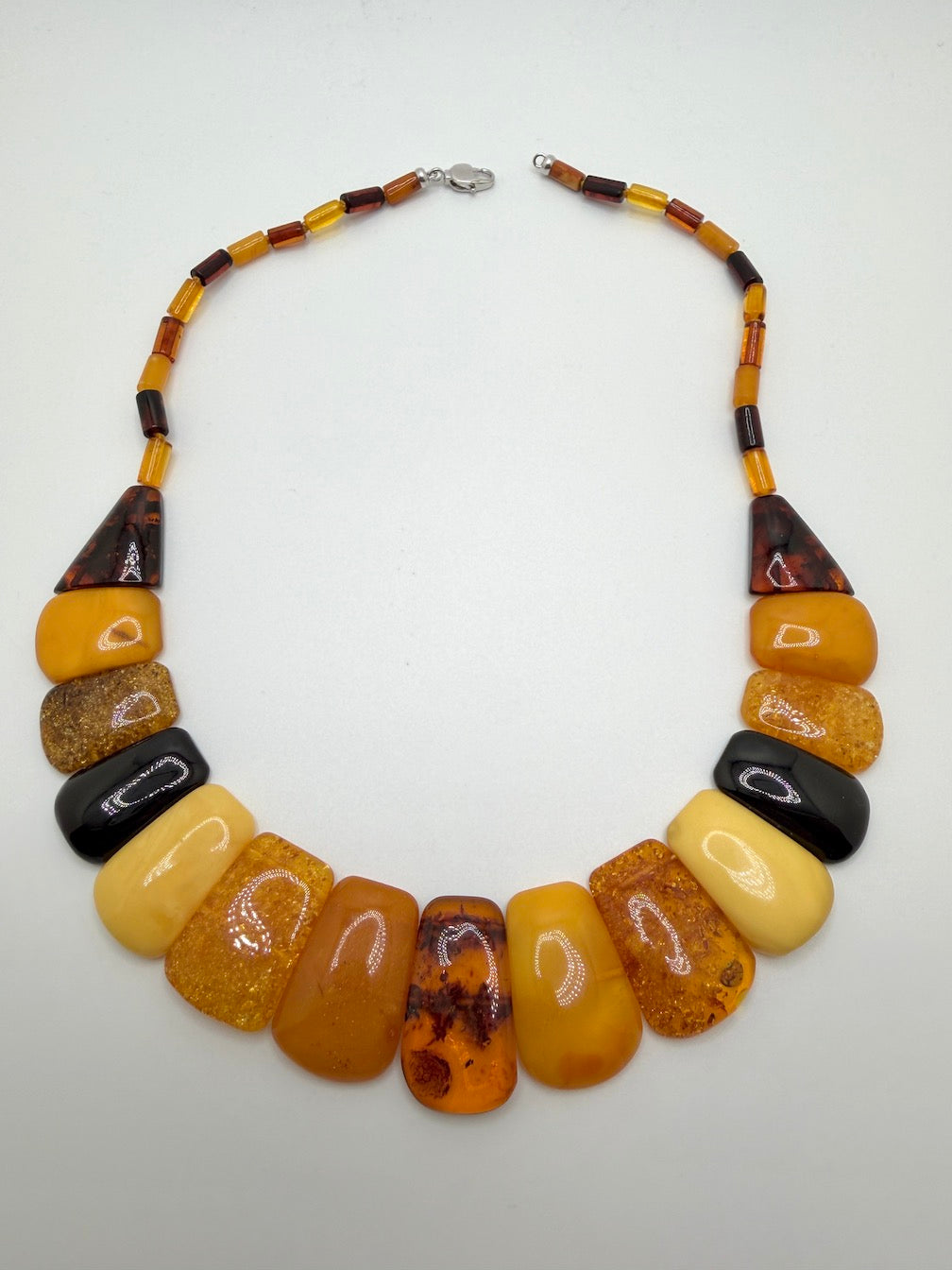 Graduated Baltic Amber Bib Necklace Genuine Multi-Color Beads, Elegant Flat-Cut Design