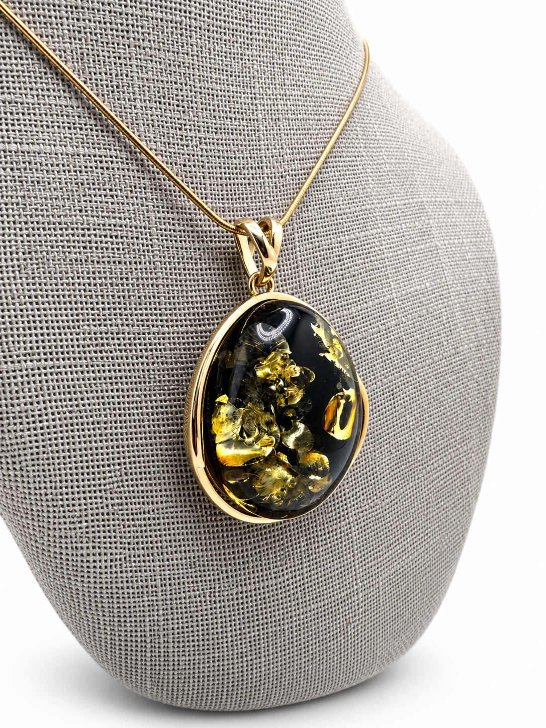 Green Amber Pendant Necklace – Gold Plated Sterling Silver – 18” Gold Plated Snake Chain