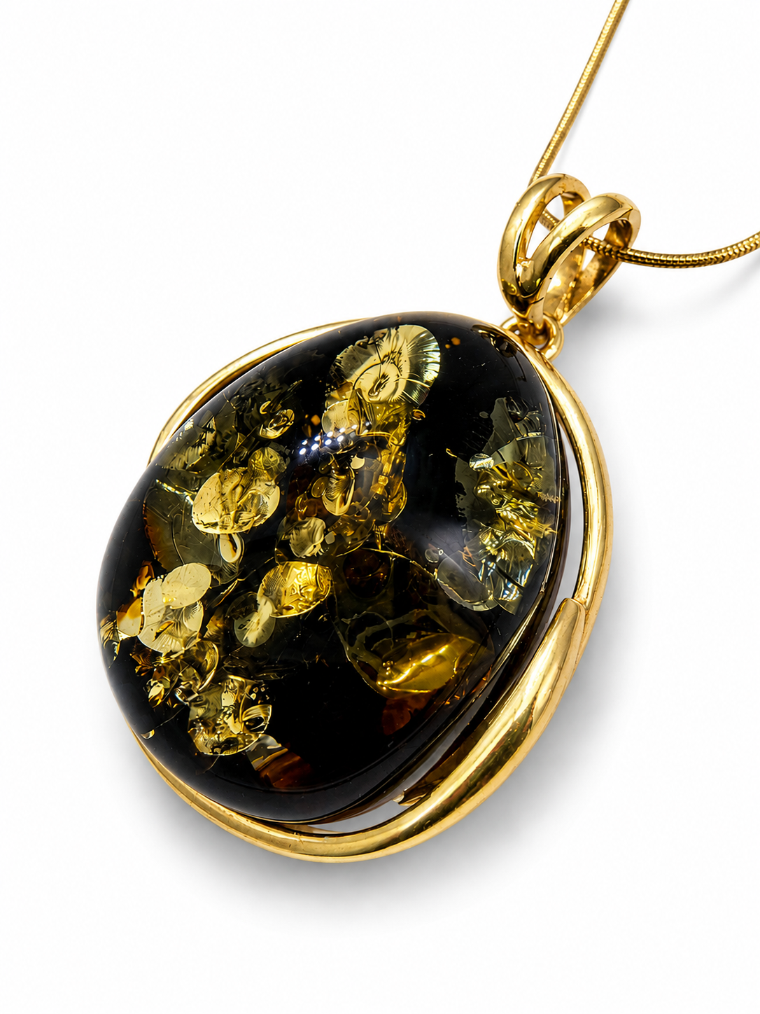 Green Amber Pendant Necklace – Gold Plated Sterling Silver – 18” Gold Plated Snake Chain