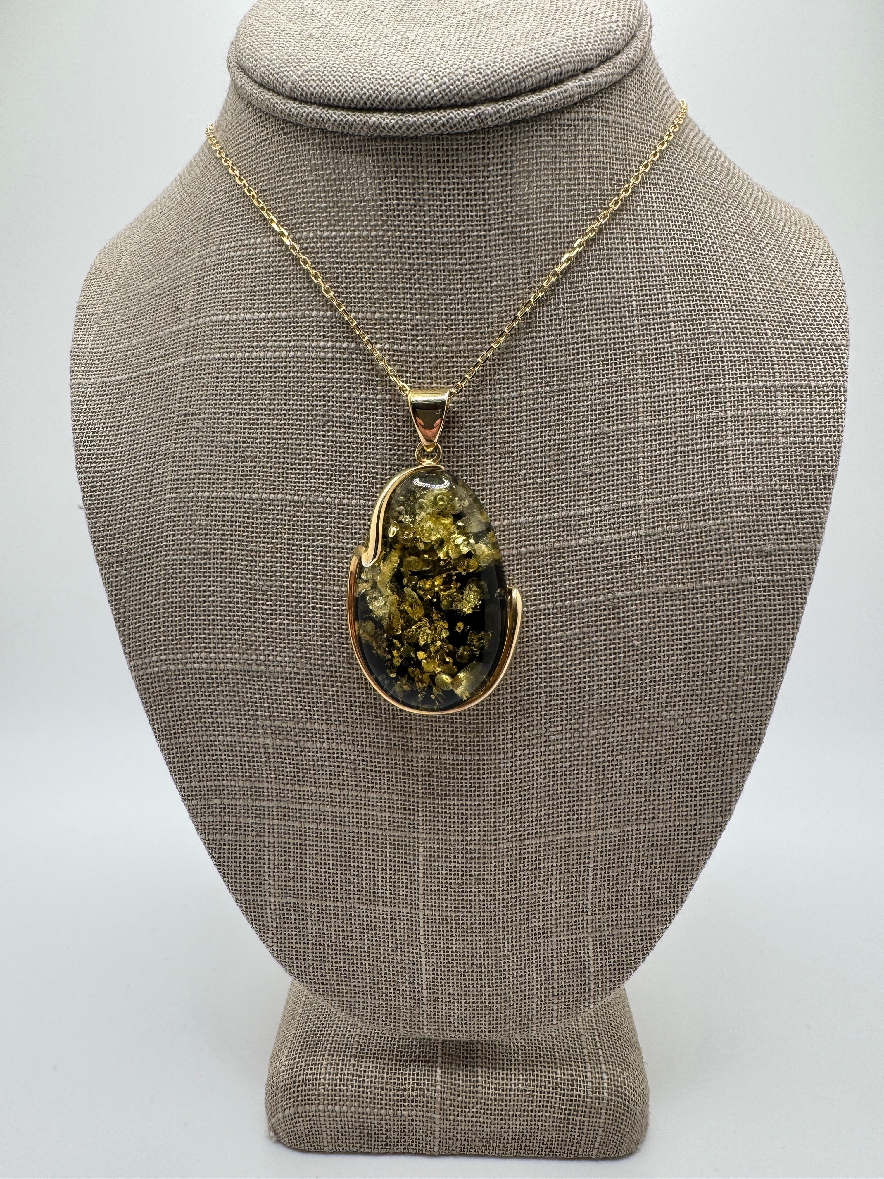 Green Baltic Amber Hand Made Pendant set in Gold Platted Sterling Silver on Snake Chain
