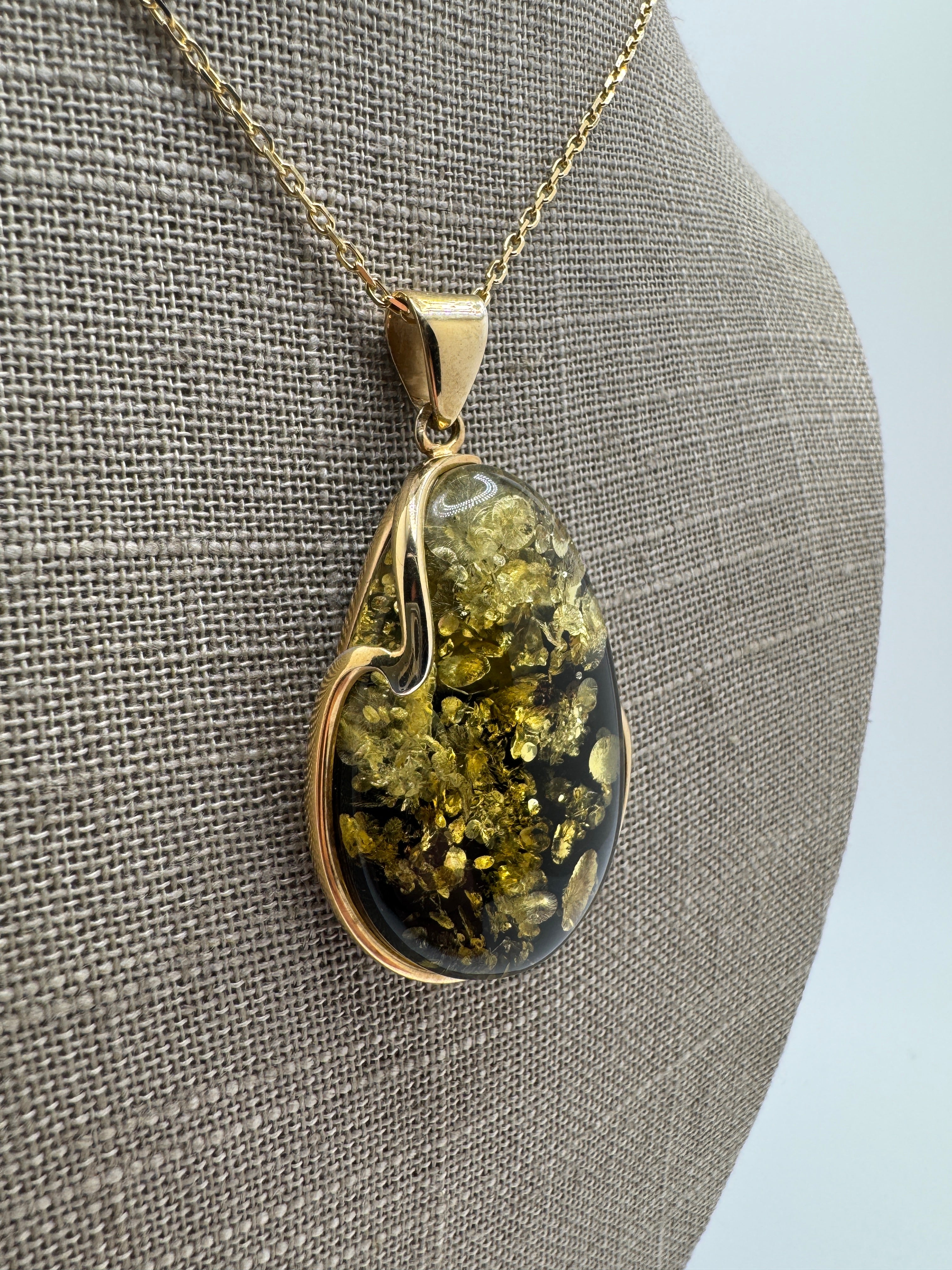 Green Baltic Amber Hand Made Pendant set in Gold Platted Sterling Silver on Snake Chain