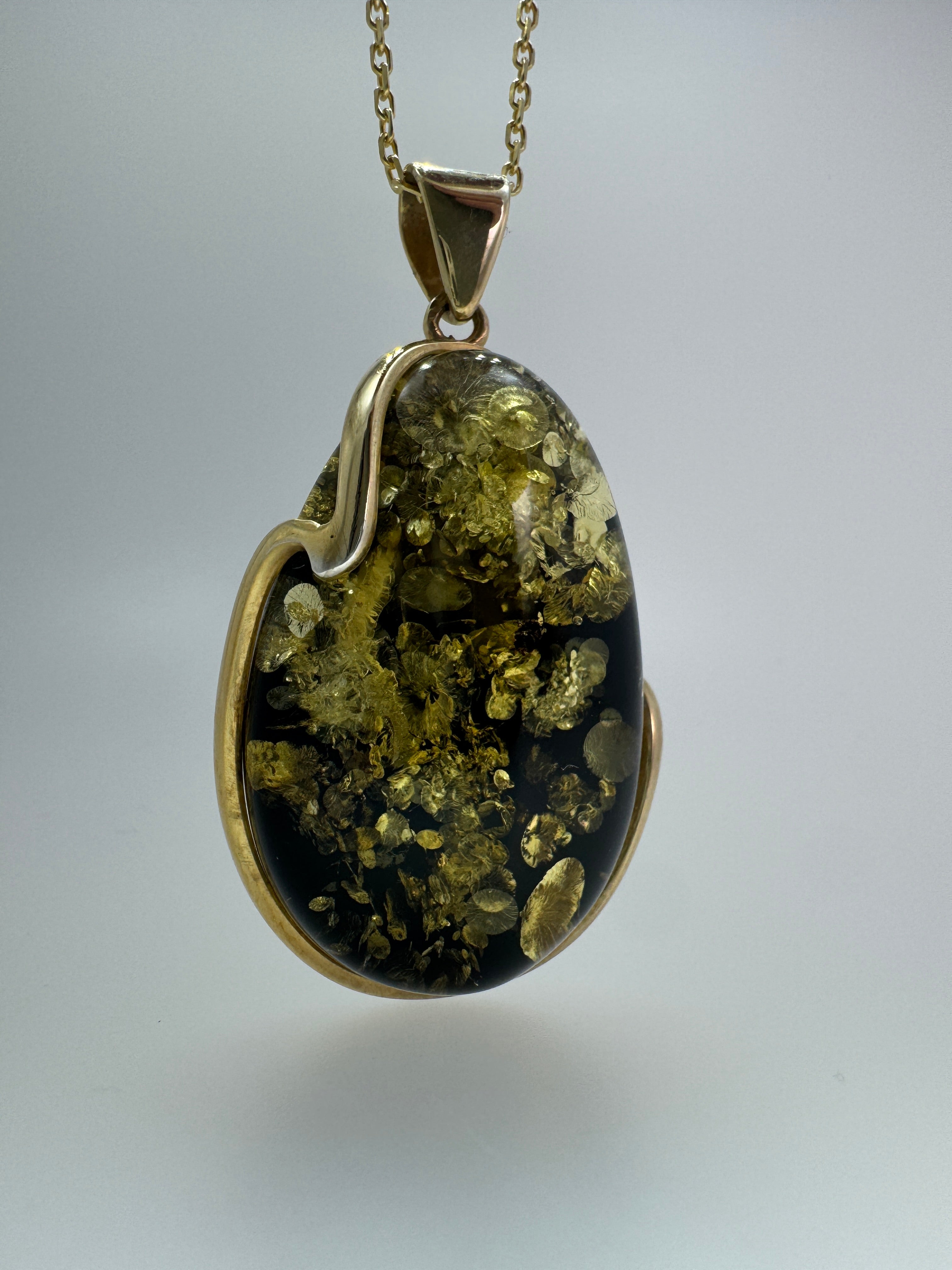Green Baltic Amber Hand Made Pendant set in Gold Platted Sterling Silver on Snake Chain