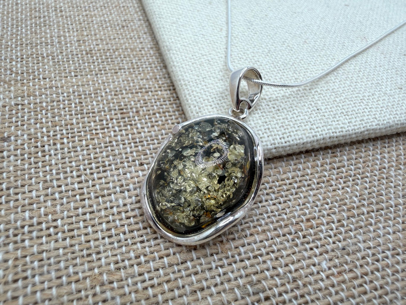 Green Baltic Amber Handmade Pendant on Sterling Silver Snake Chain