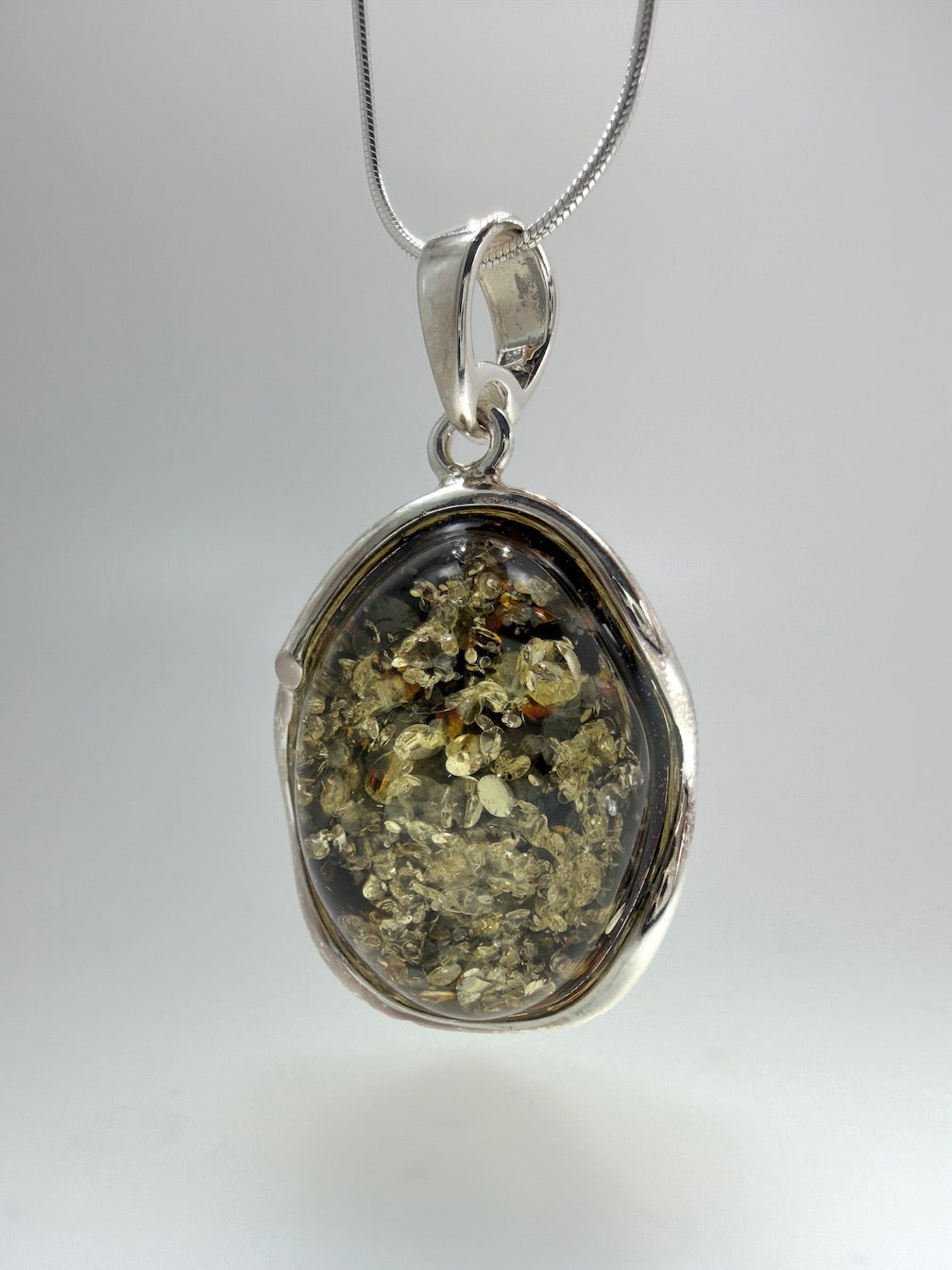 Green Baltic Amber Handmade Pendant on Sterling Silver Snake Chain