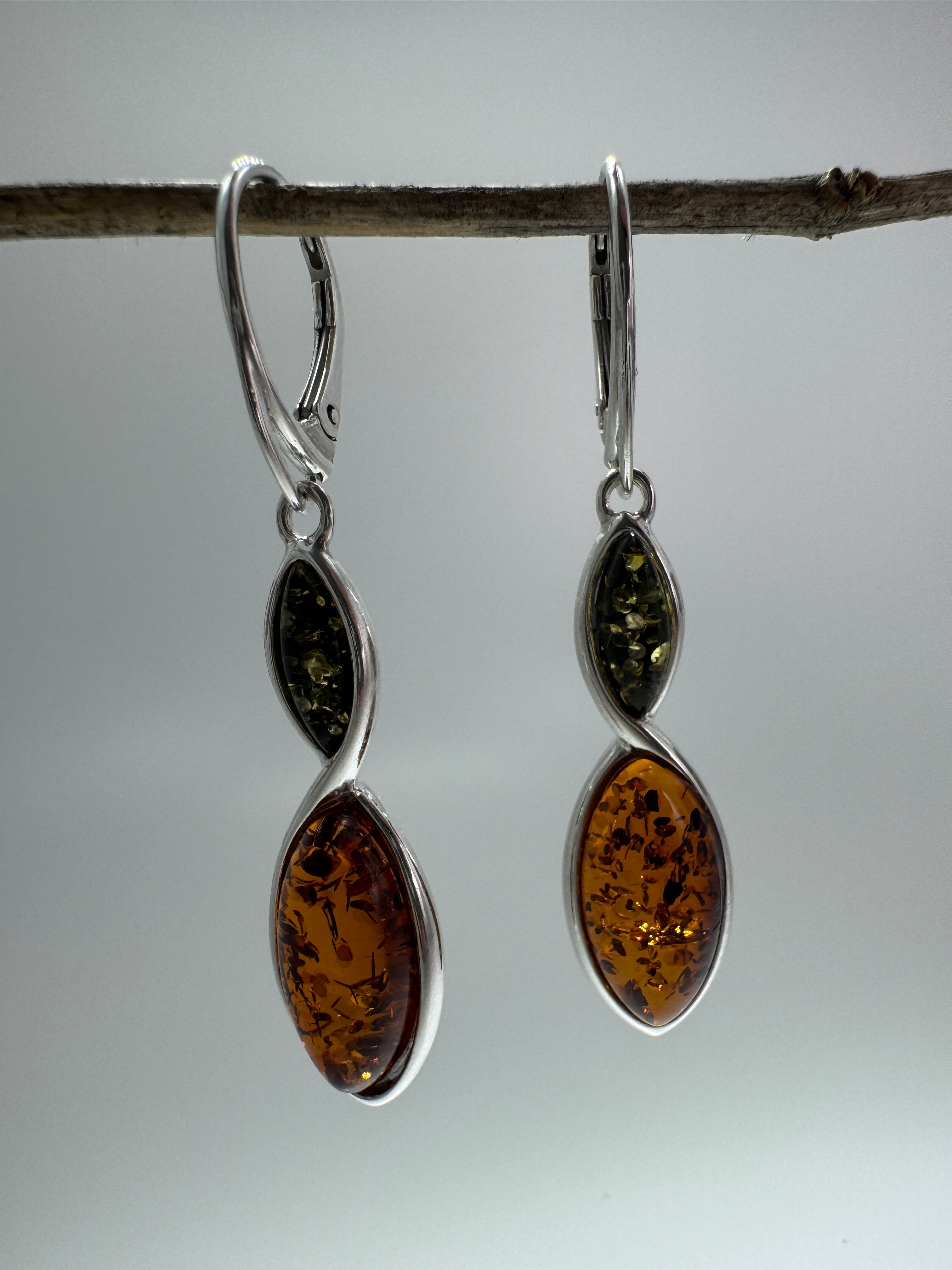 Green and Cognac or Turquoise and Amber Lever Back Earrings in Sterling Silver