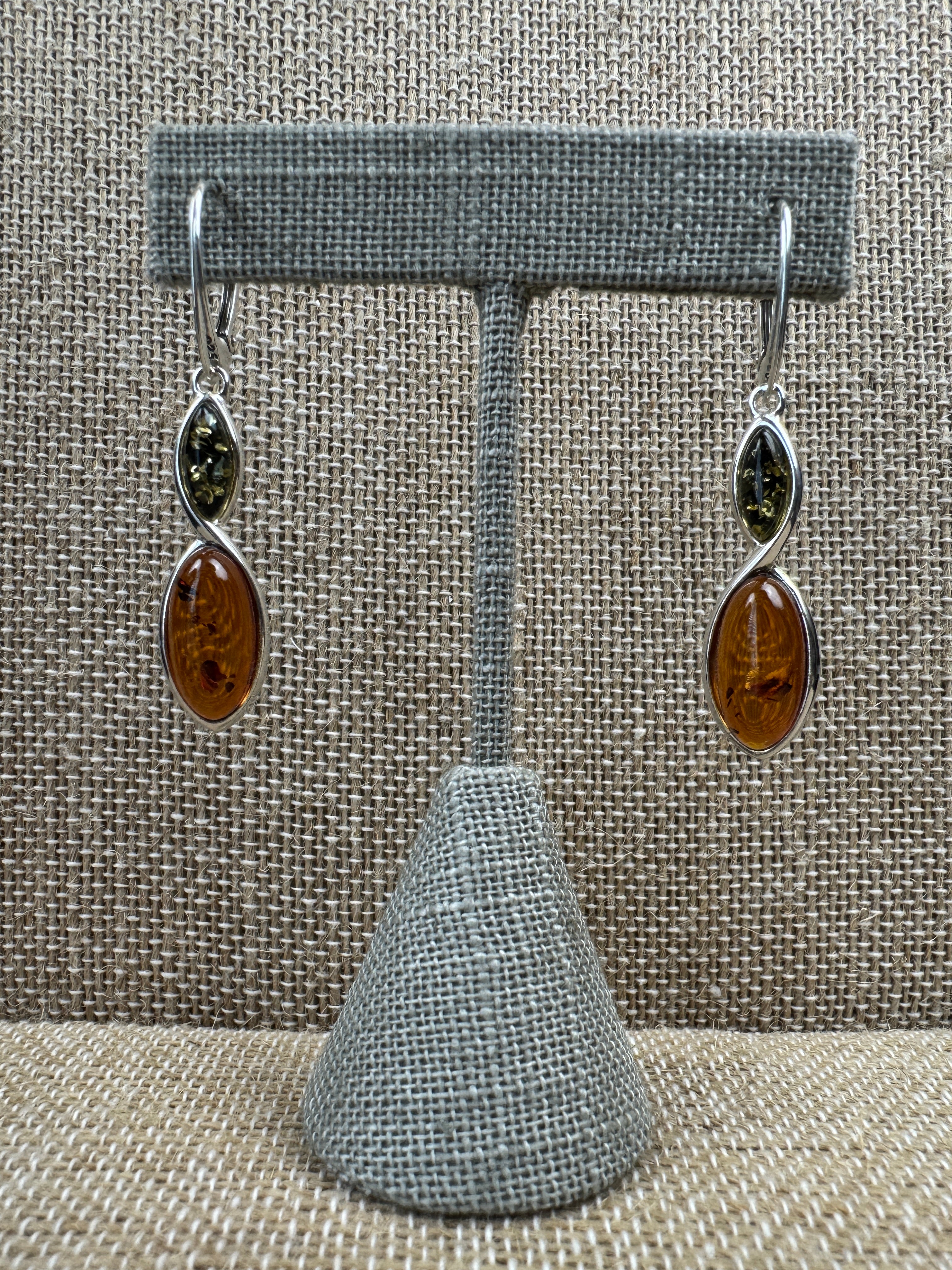 Green and Cognac or Turquoise and Amber Lever Back Earrings in Sterling Silver
