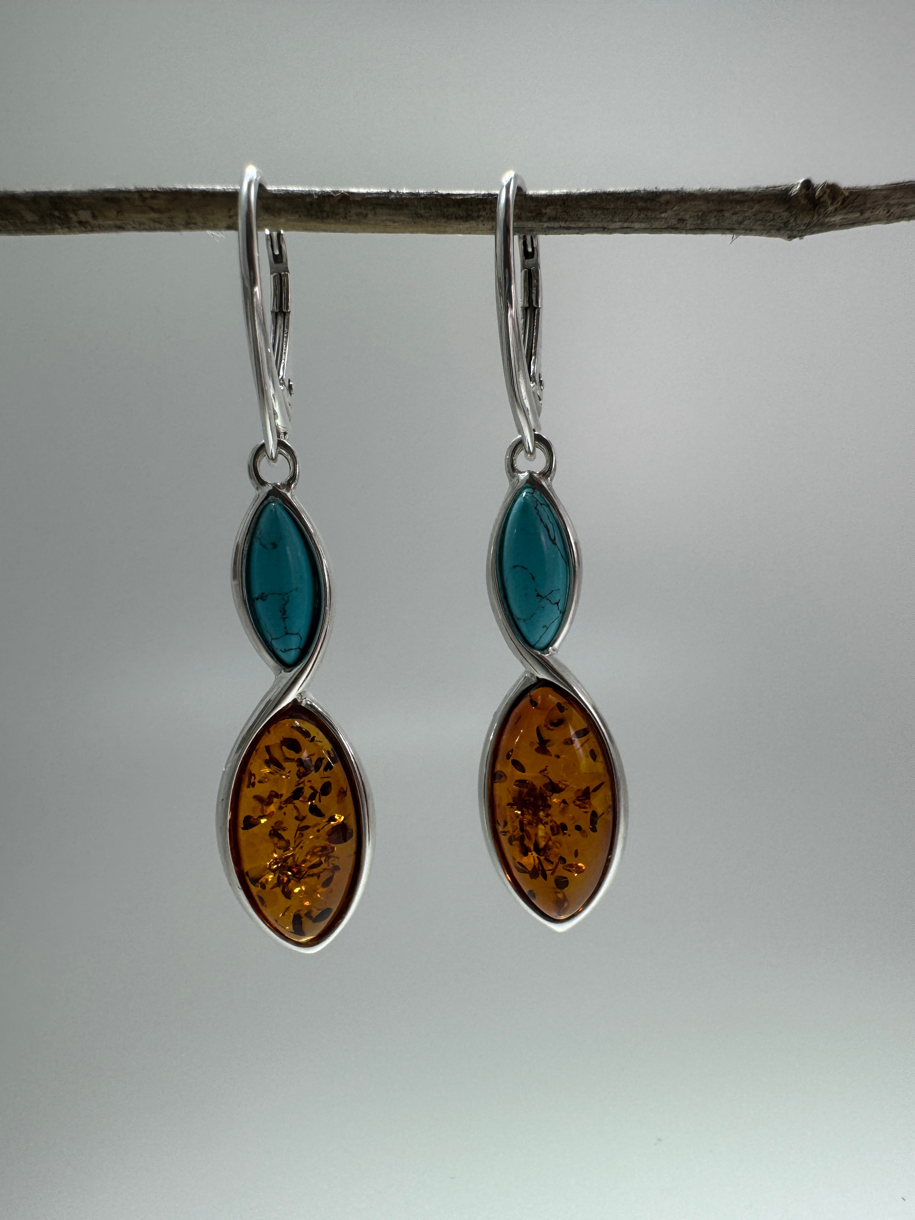 Green and Cognac or Turquoise and Amber Lever Back Earrings in Sterling Silver
