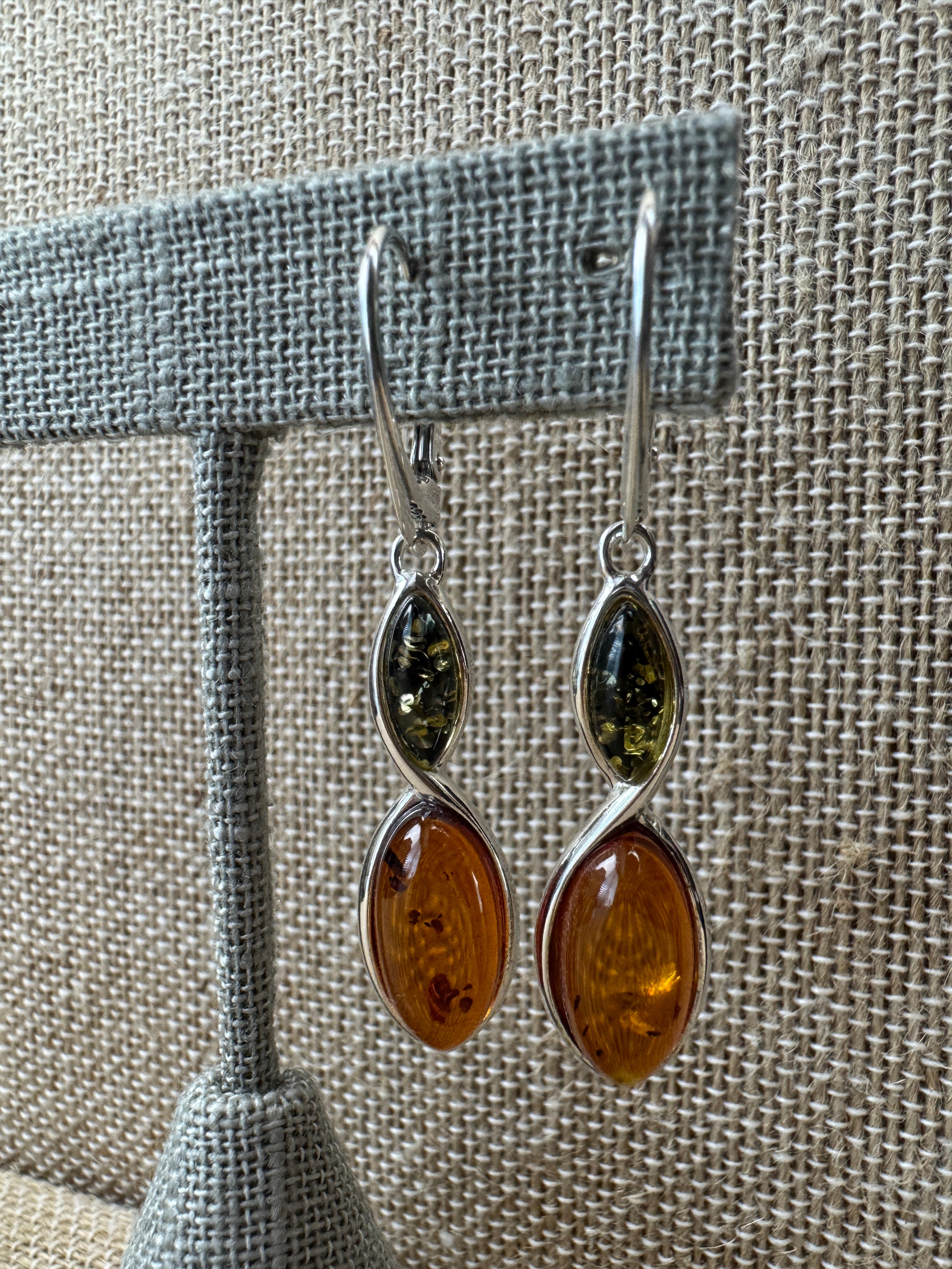 Green and Cognac or Turquoise and Amber Lever Back Earrings in Sterling Silver
