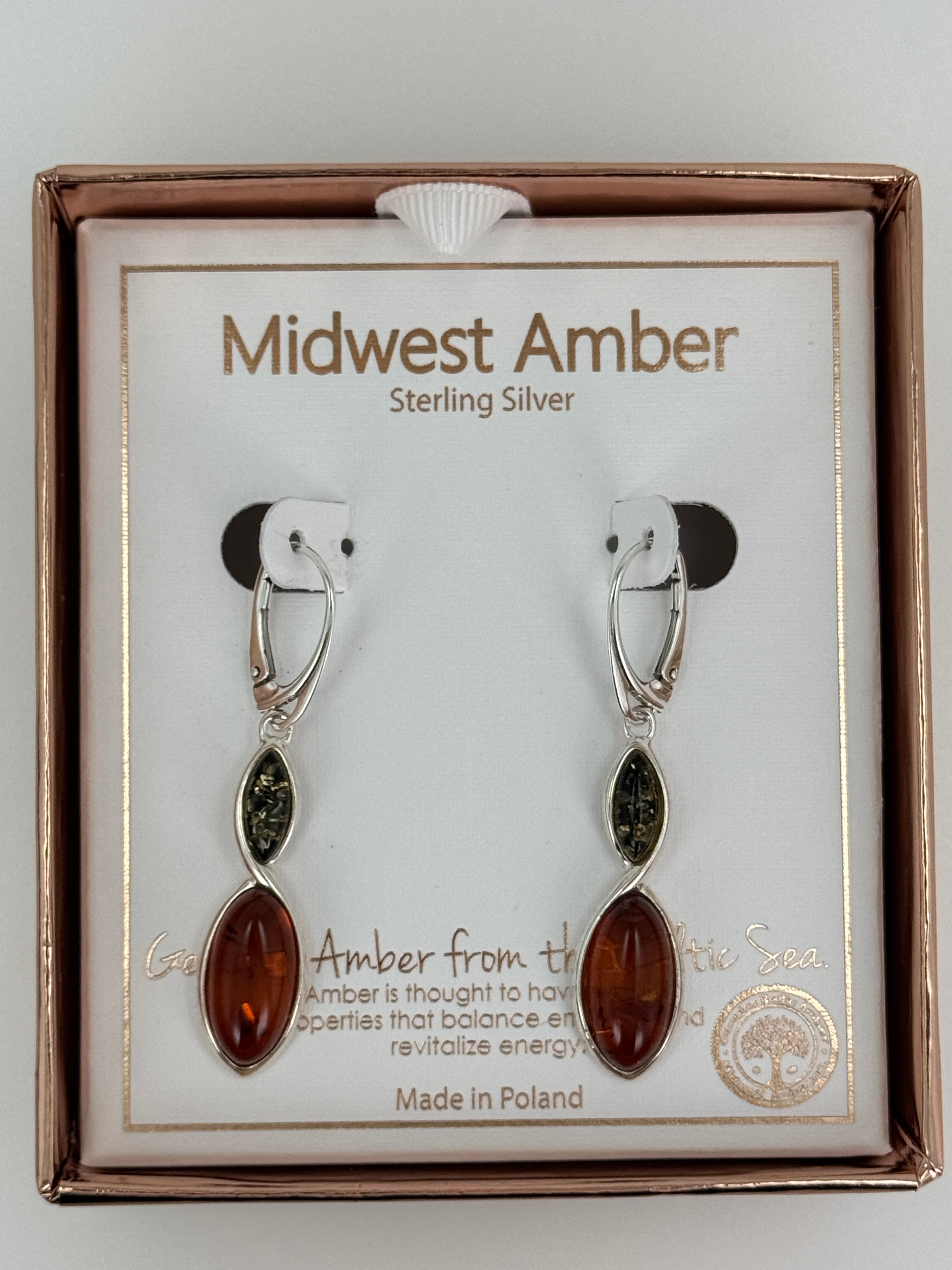 Green and Cognac or Turquoise and Amber Lever Back Earrings in Sterling Silver