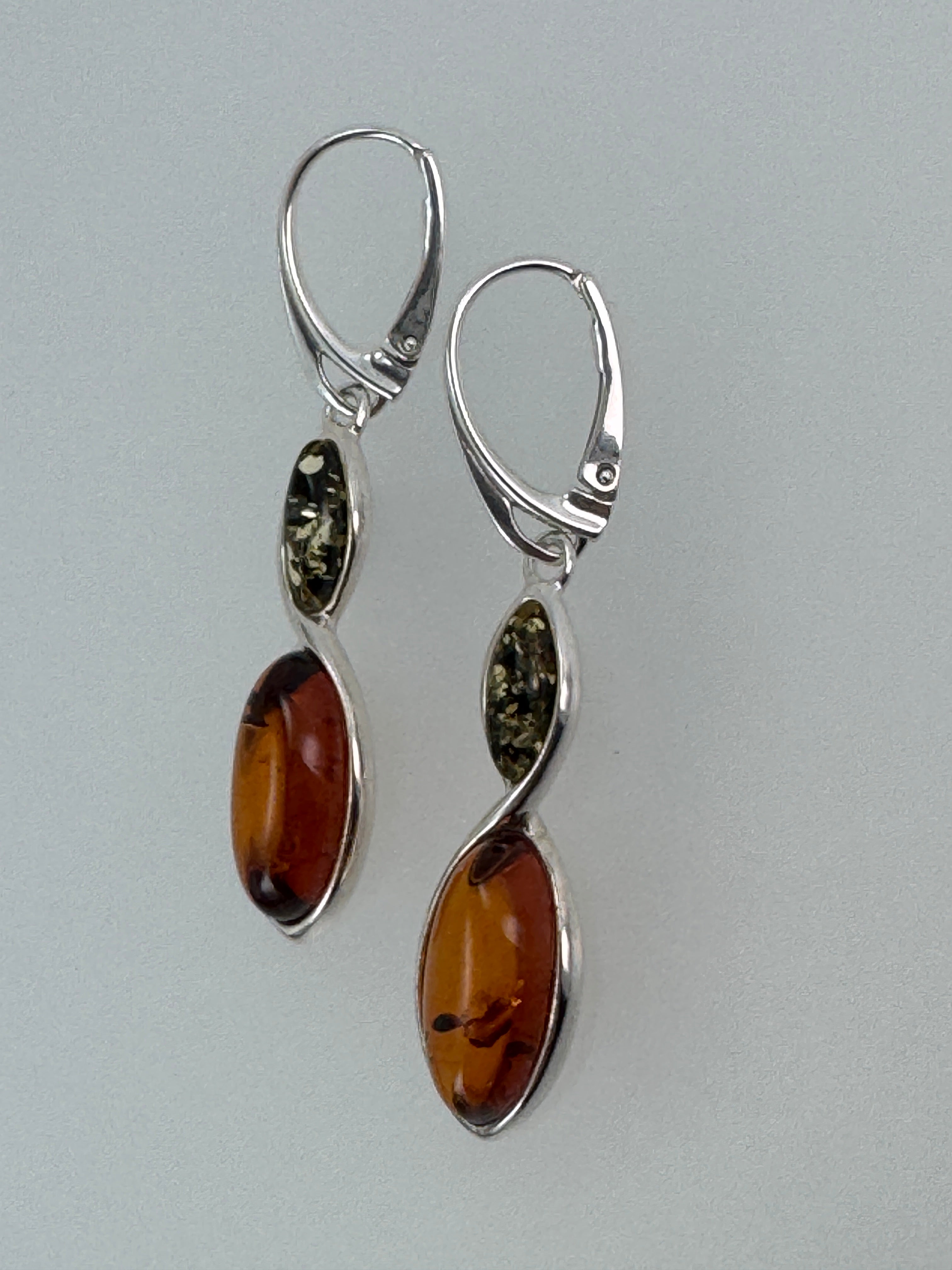 Green and Cognac or Turquoise and Amber Lever Back Earrings in Sterling Silver