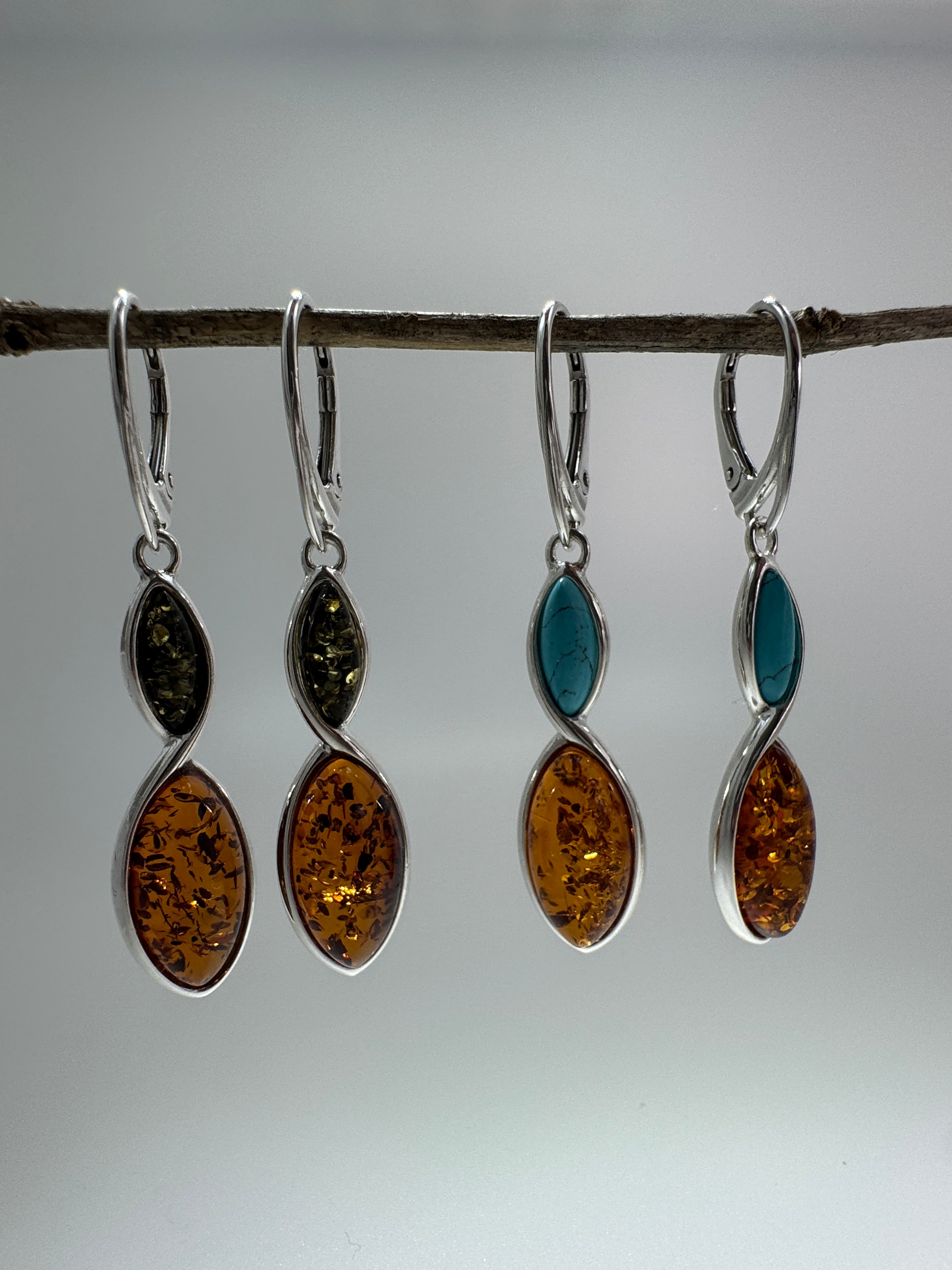 Green and Cognac or Turquoise and Amber Lever Back Earrings in Sterling Silver