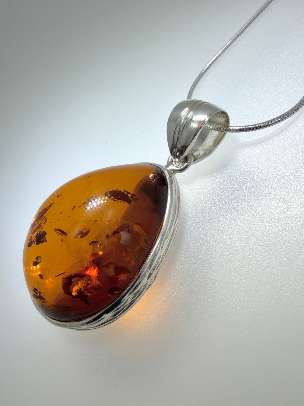 Hammered Sterling Silver Genuine Baltic Amber Oval Pendant Necklace on Silver Chain