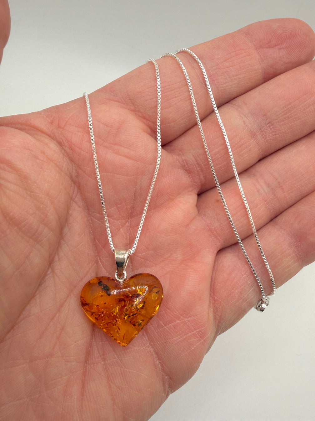 Hand-Carved Honey Baltic Amber Heart Pendant on Sterling Silver Chain – Genuine Baltic Amber