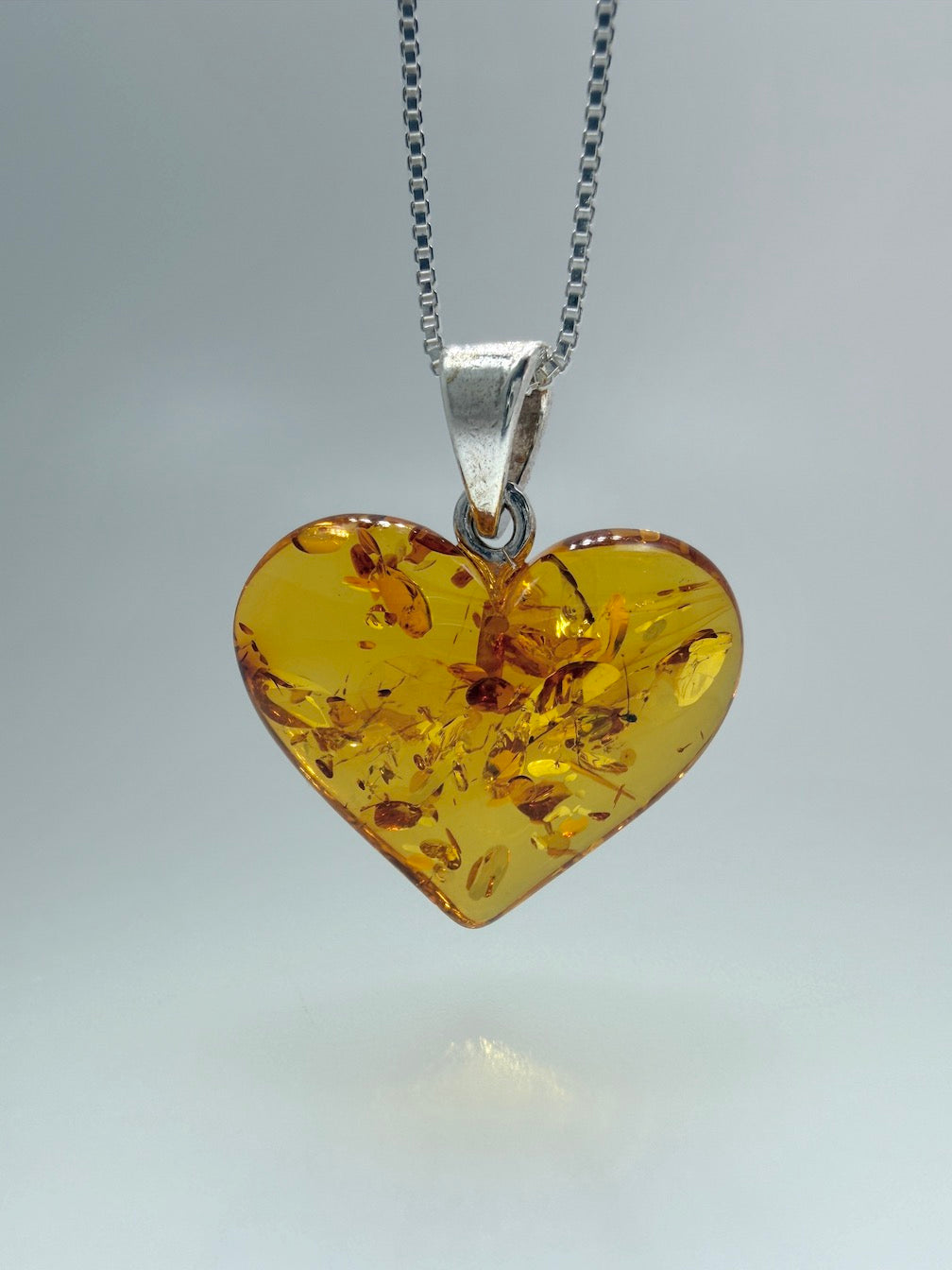 Hand-Carved Honey Baltic Amber Heart Pendant on Sterling Silver Chain – Genuine Baltic Amber