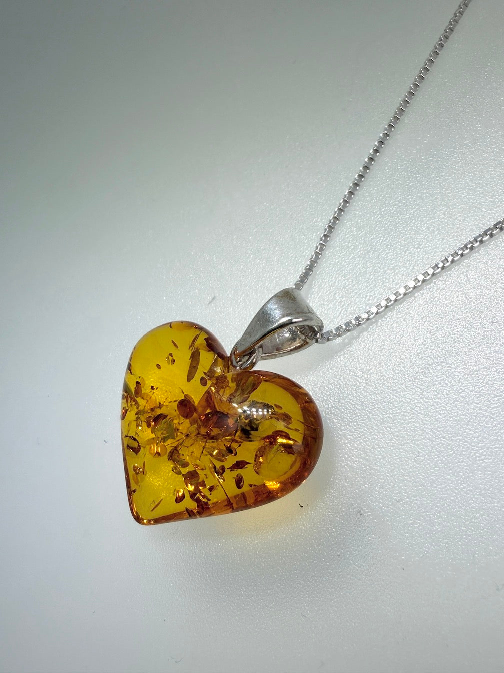 Hand-Carved Honey Baltic Amber Heart Pendant on Sterling Silver Chain – Genuine Baltic Amber
