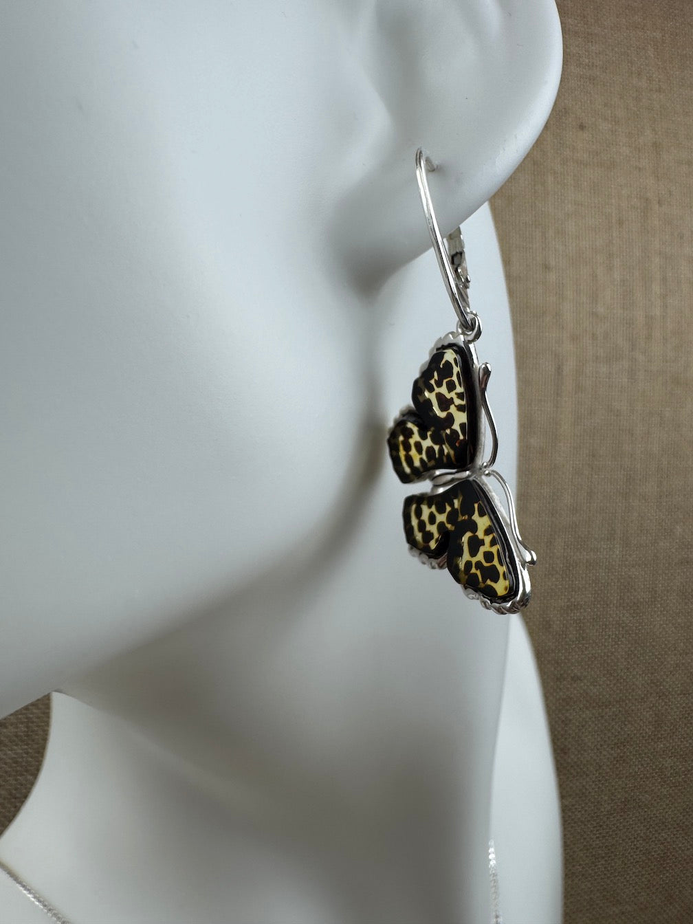 Hand-Etched Baltic Amber Butterfly Earrings – Sterling Silver Beauty