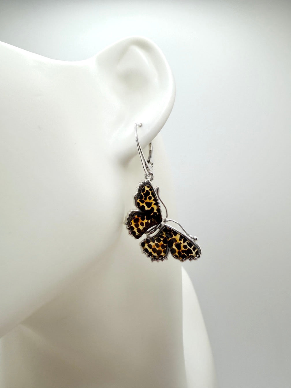 Hand-Etched Baltic Amber Butterfly Earrings – Sterling Silver Beauty