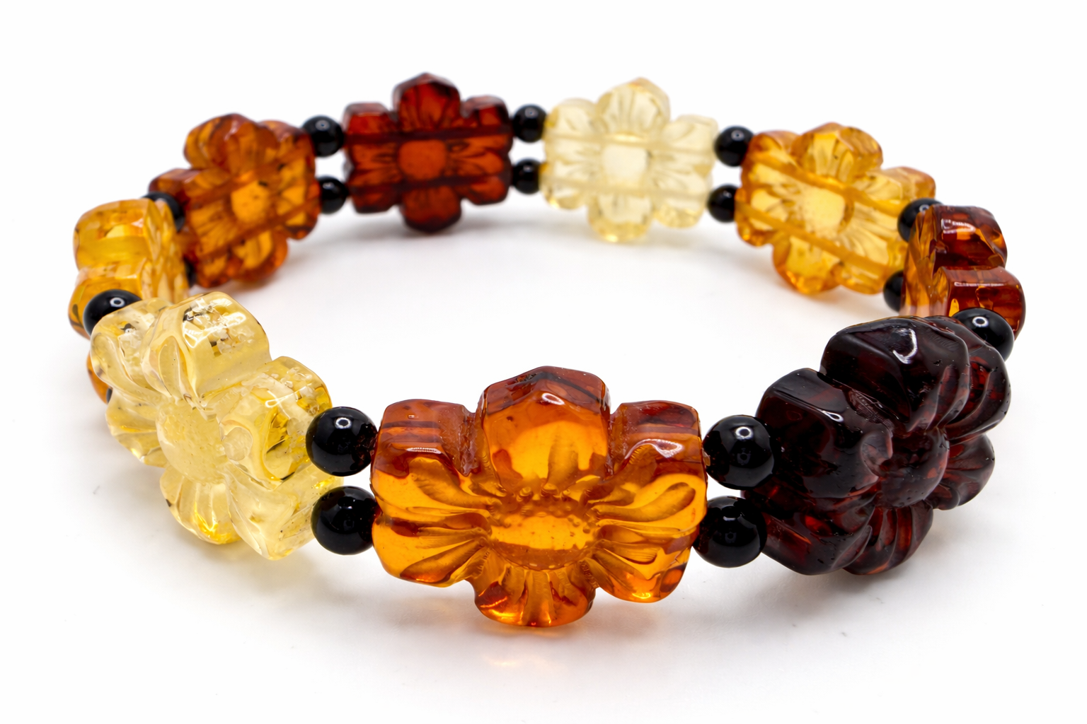 Hand Carved Baltic Amber Flower Bracelet, Multicolor Amber Stretch Bangle