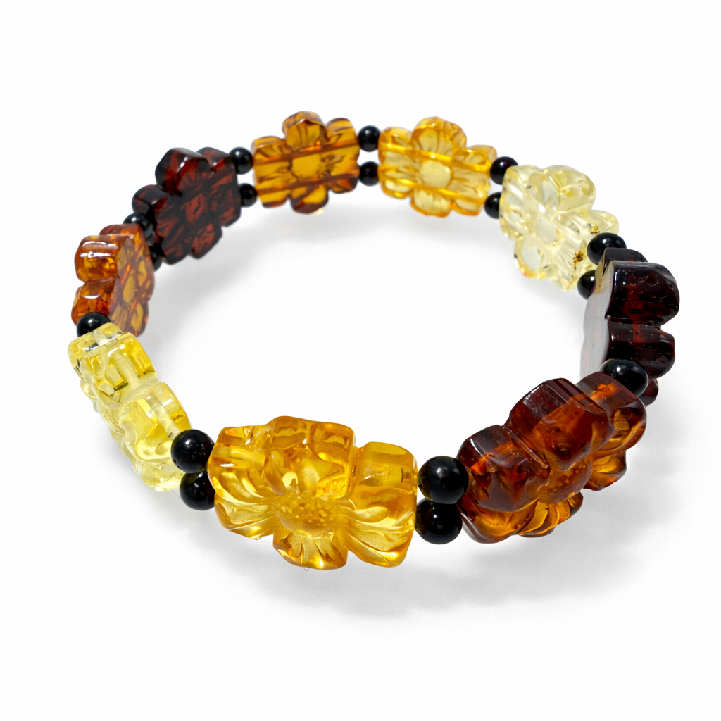 Hand Carved Baltic Amber Flower Bracelet, Multicolor Amber Stretch Bangle