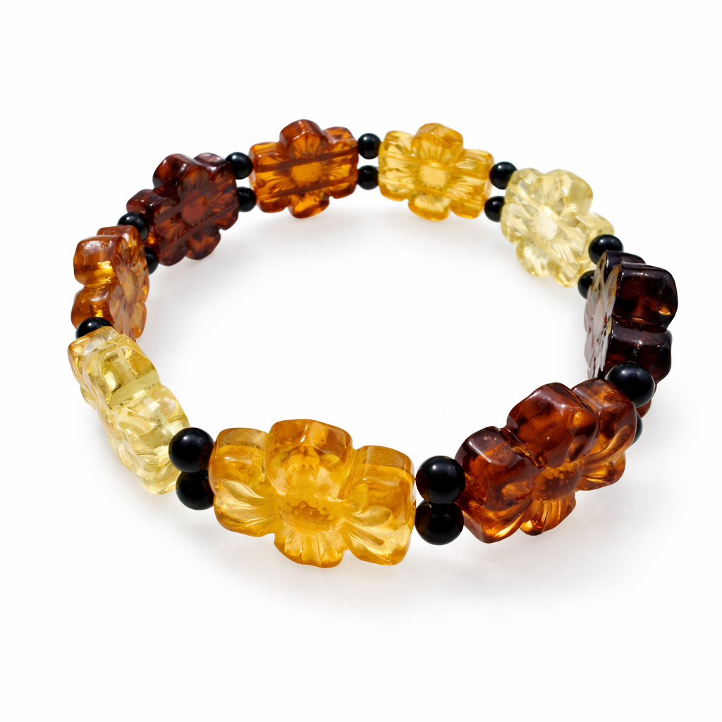 Hand Carved Baltic Amber Flower Bracelet, Multicolor Amber Stretch Bangle