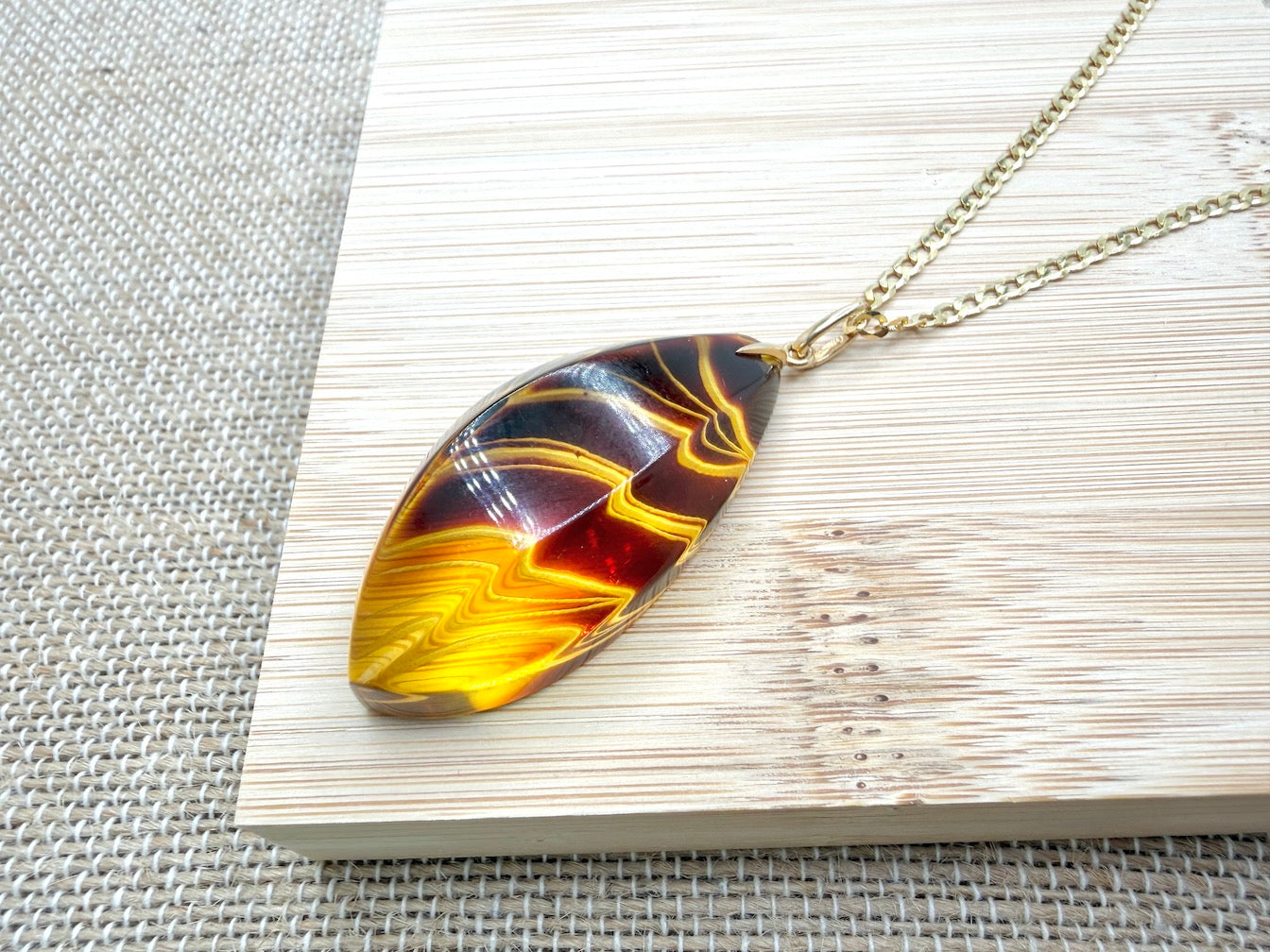 Hand Etched Modern Baltic Amber Pendant with 14K Gold Bale and Optional 14K Gold Chain