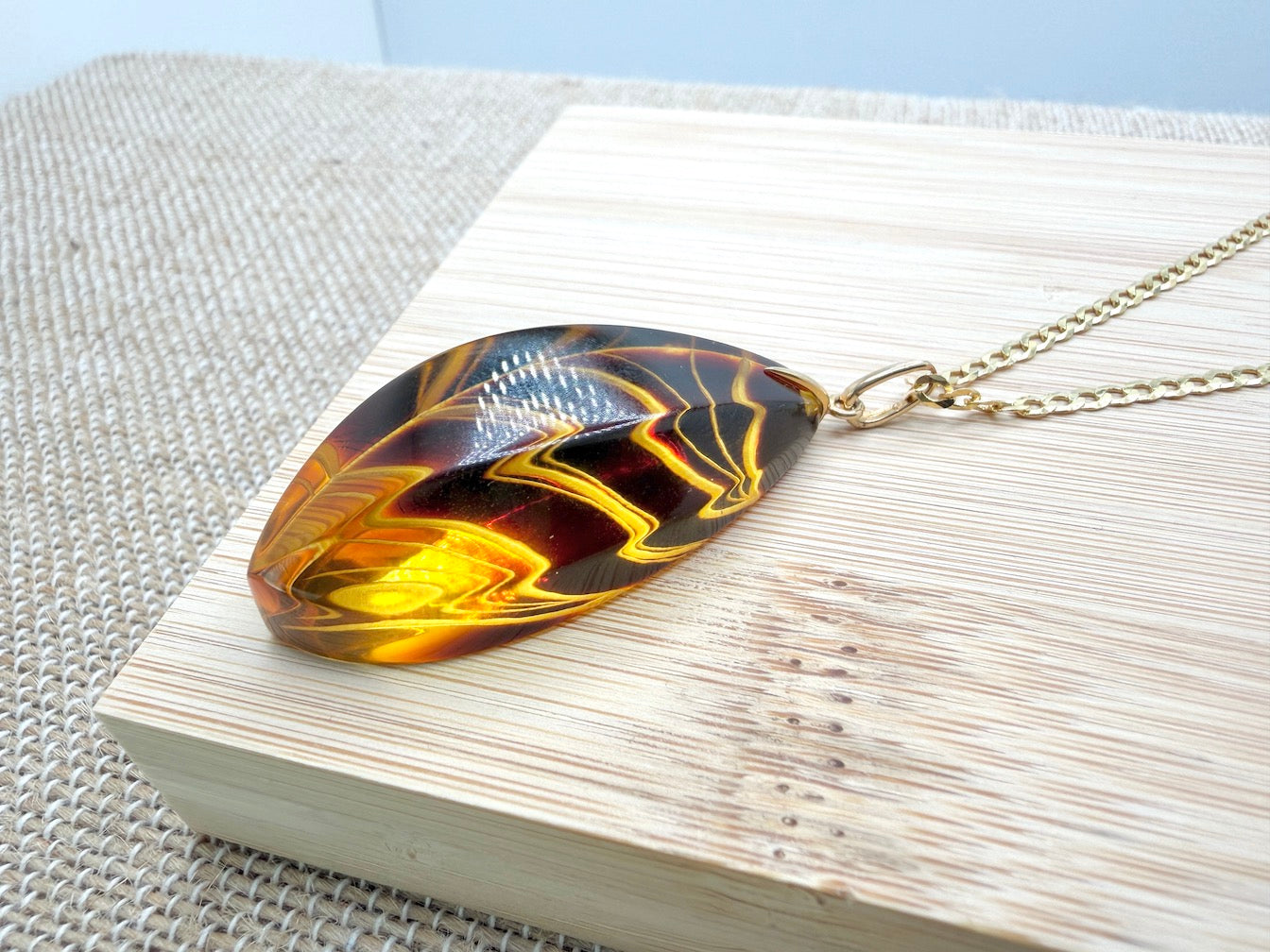 Hand Etched Modern Baltic Amber Pendant with 14K Gold Bale and Optional 14K Gold Chain