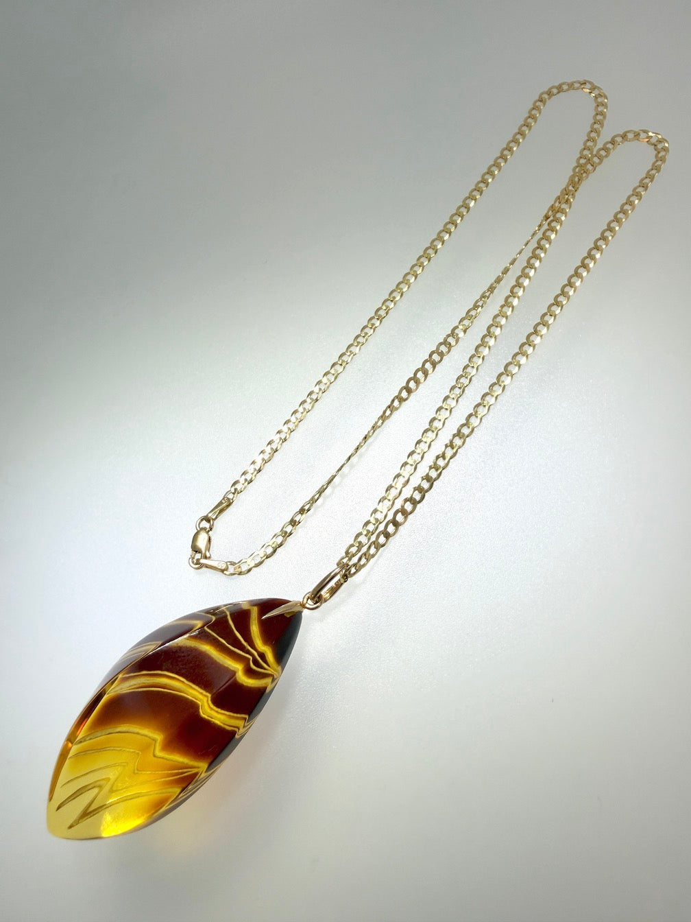 Hand Etched Modern Baltic Amber Pendant with 14K Gold Bale and Optional 14K Gold Chain