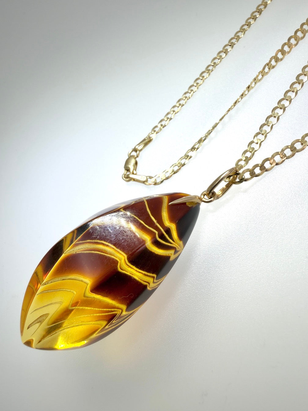Hand Etched Modern Baltic Amber Pendant with 14K Gold Bale and Optional 14K Gold Chain