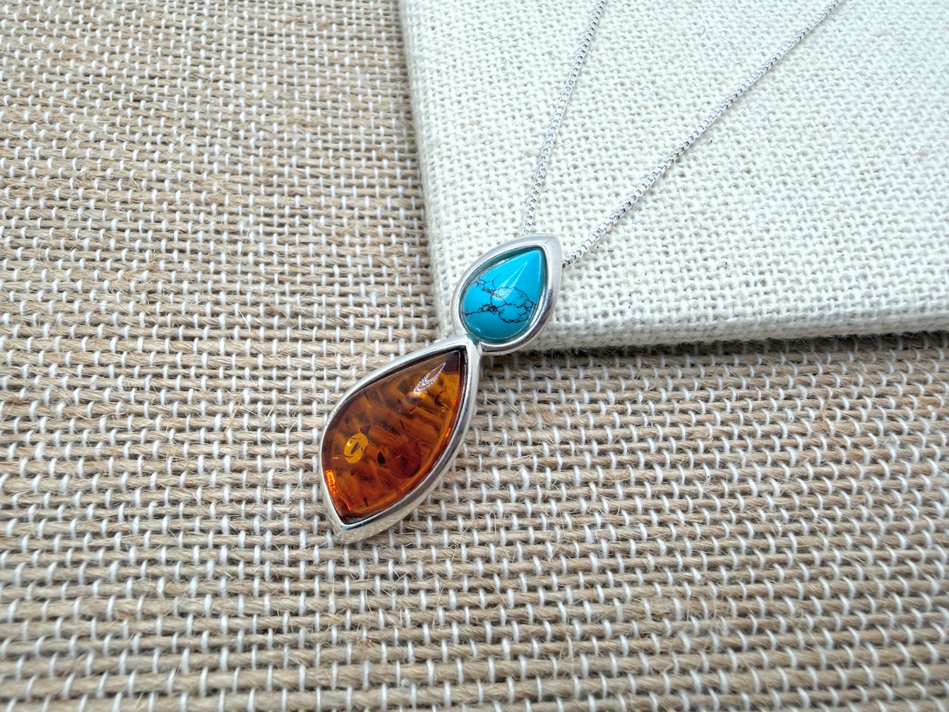 Handmade 925 Sterling Silver Baltic Amber & Turquoise Drop Pendant Necklace