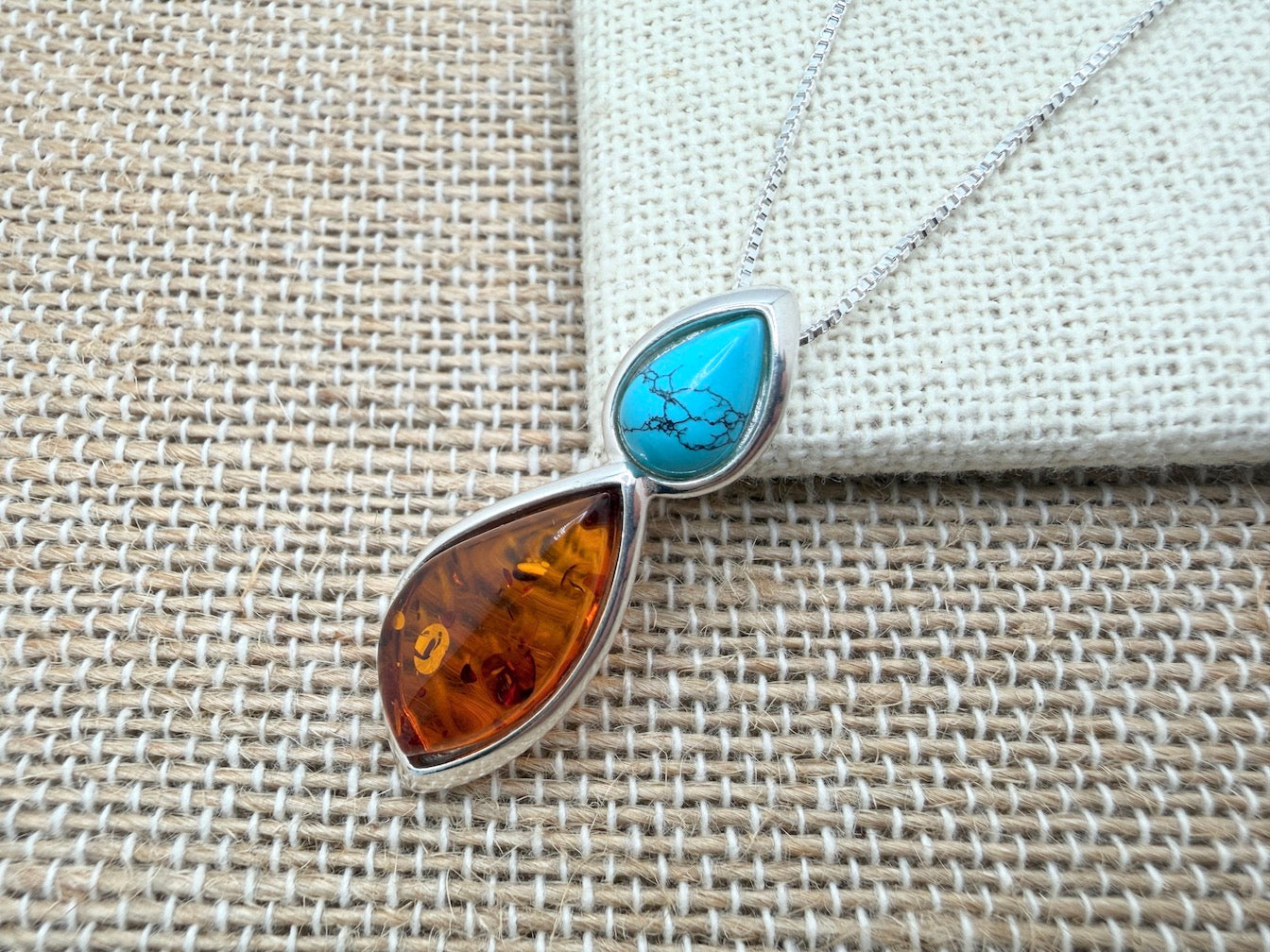 Handmade 925 Sterling Silver Baltic Amber & Turquoise Drop Pendant Necklace