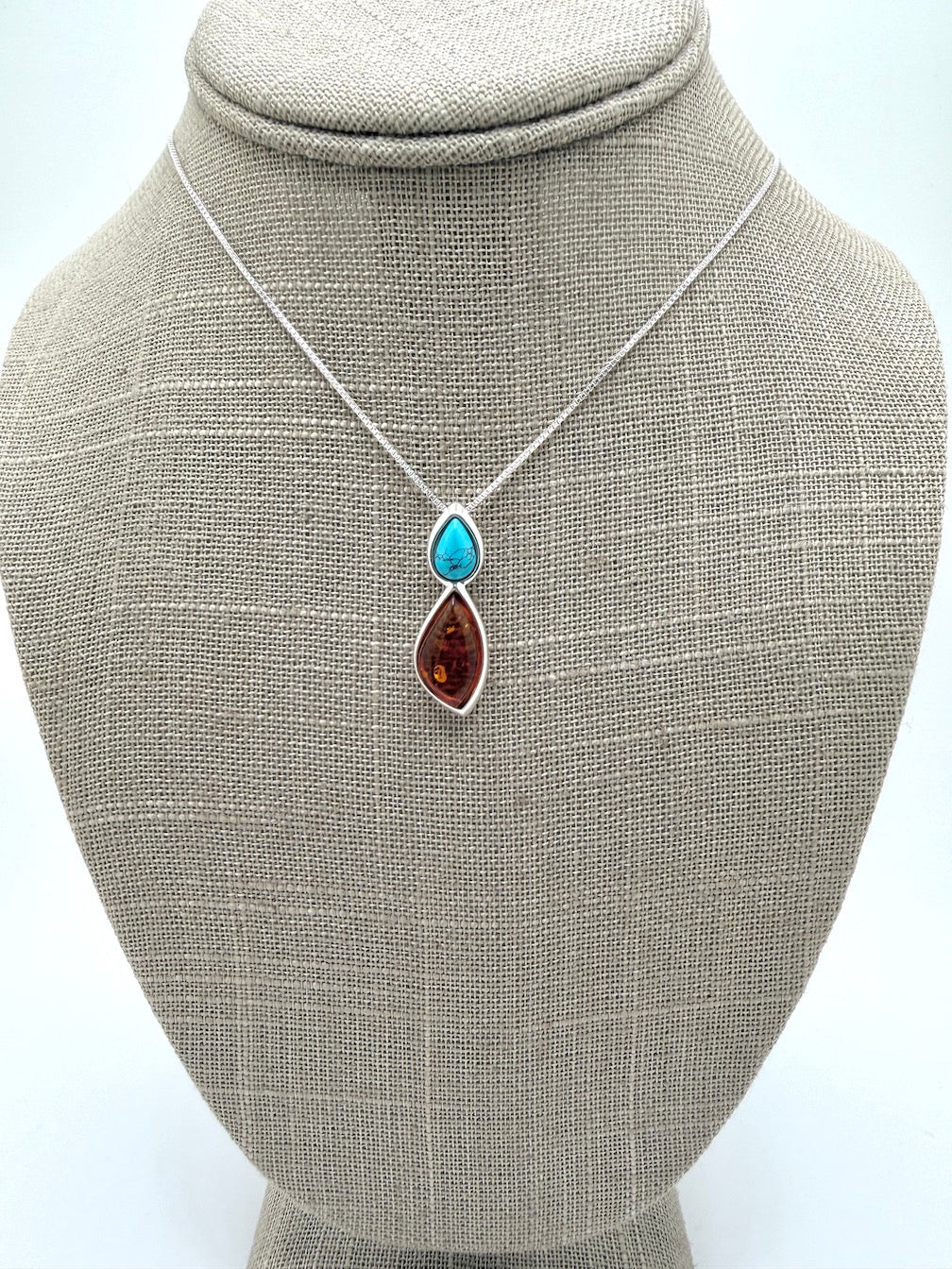 Handmade 925 Sterling Silver Baltic Amber & Turquoise Drop Pendant Necklace