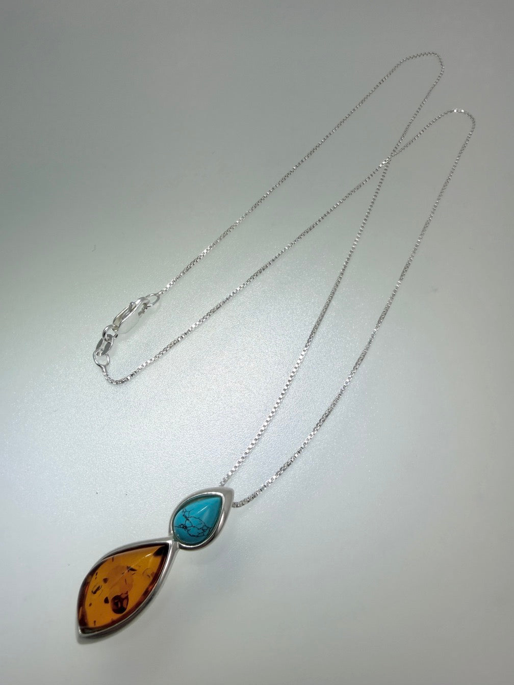 Handmade 925 Sterling Silver Baltic Amber & Turquoise Drop Pendant Necklace