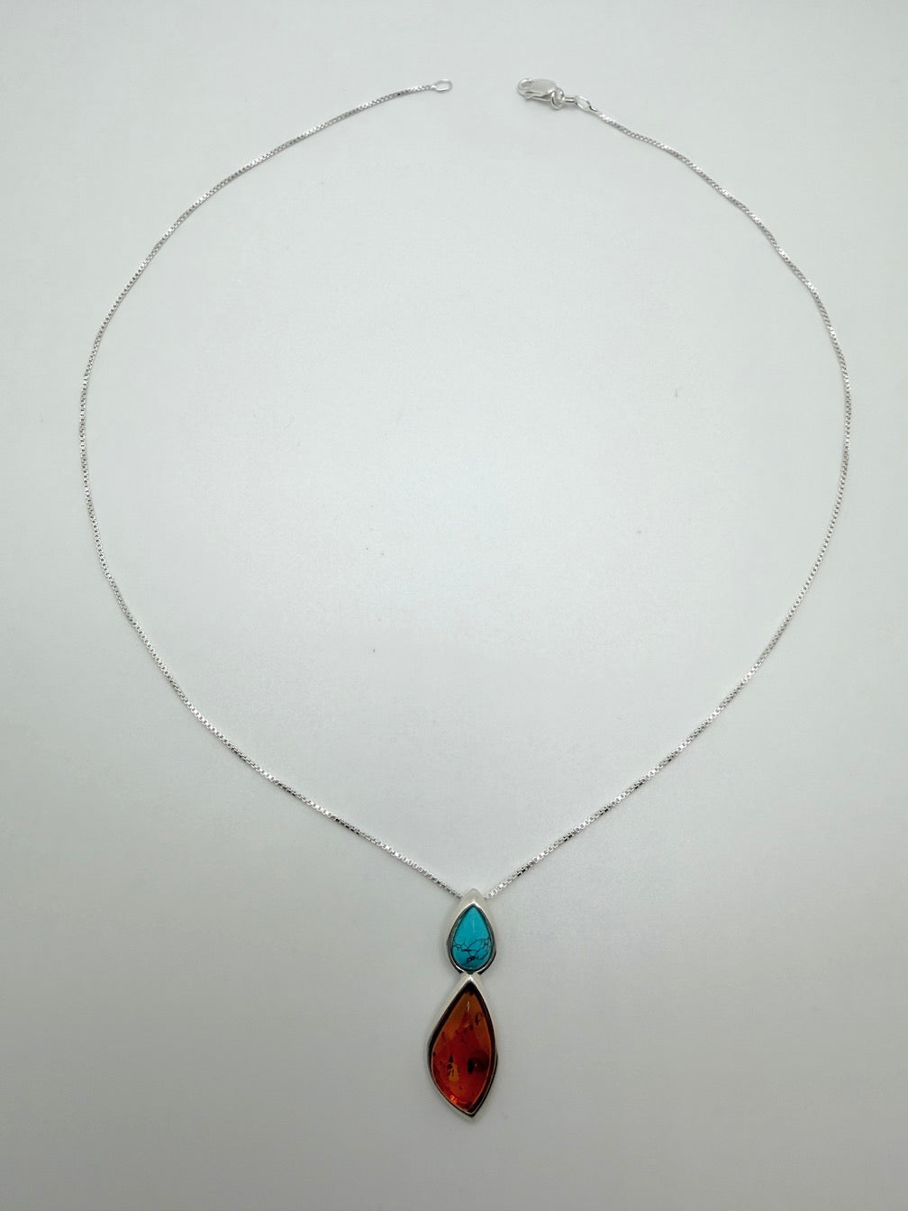 Handmade 925 Sterling Silver Baltic Amber & Turquoise Drop Pendant Necklace