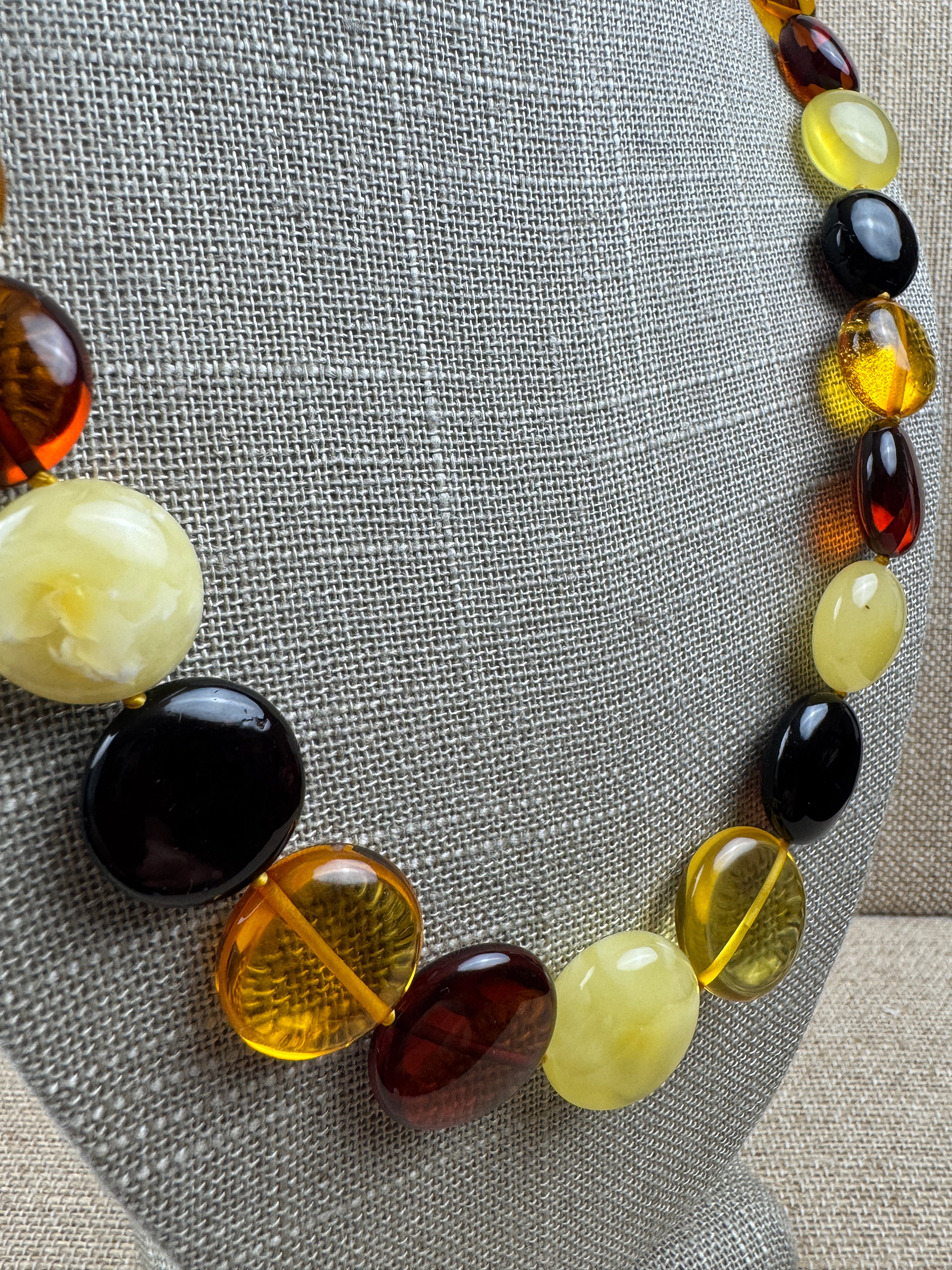 Handmade Baltic Amber Coin Bead Necklace | Butterscotch, Lemon, Honey & Cherry | 22” + 2” Extension | Lithuania