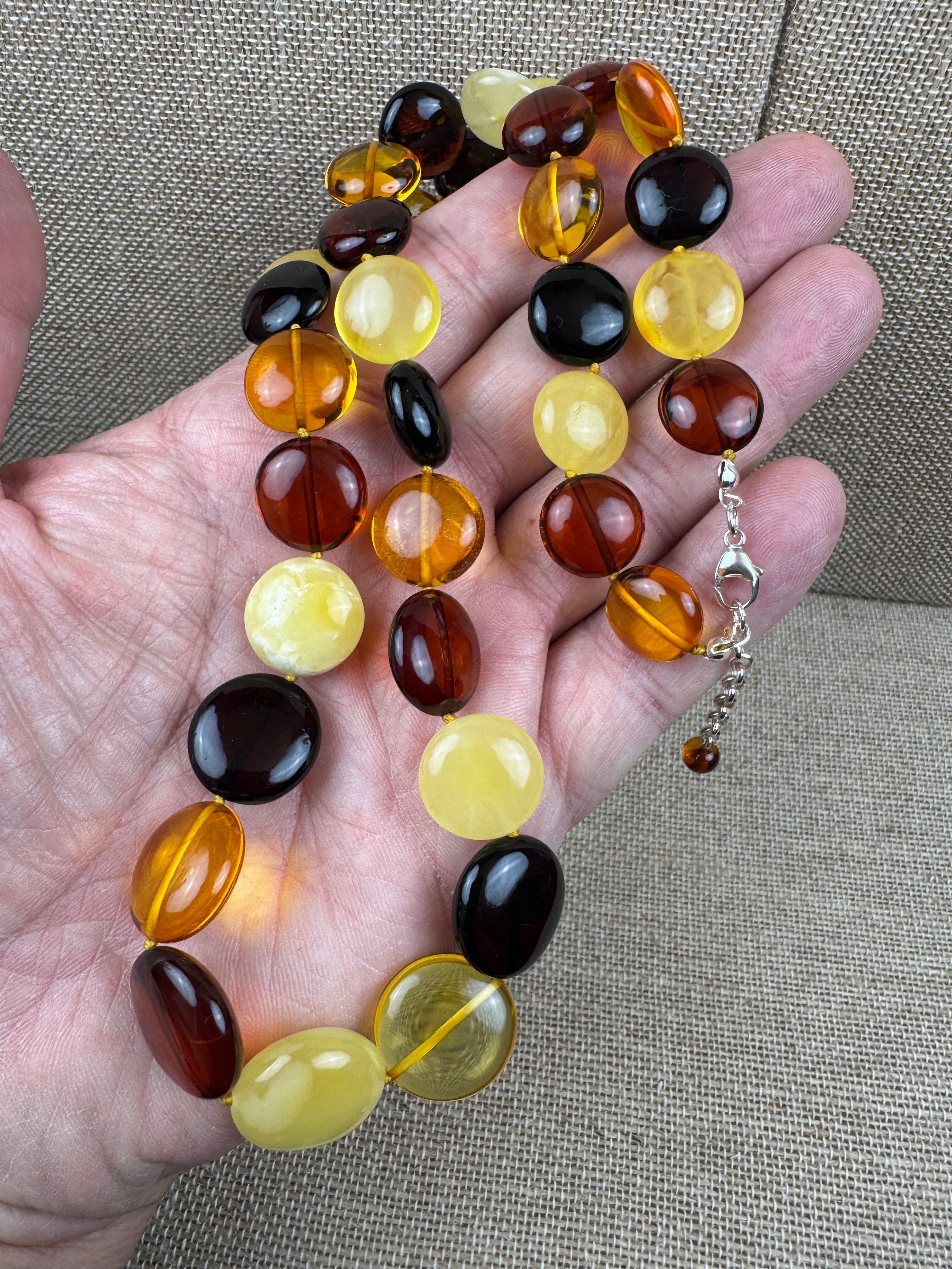 Handmade Baltic Amber Coin Bead Necklace | Butterscotch, Lemon, Honey & Cherry | 22” + 2” Extension | Lithuania