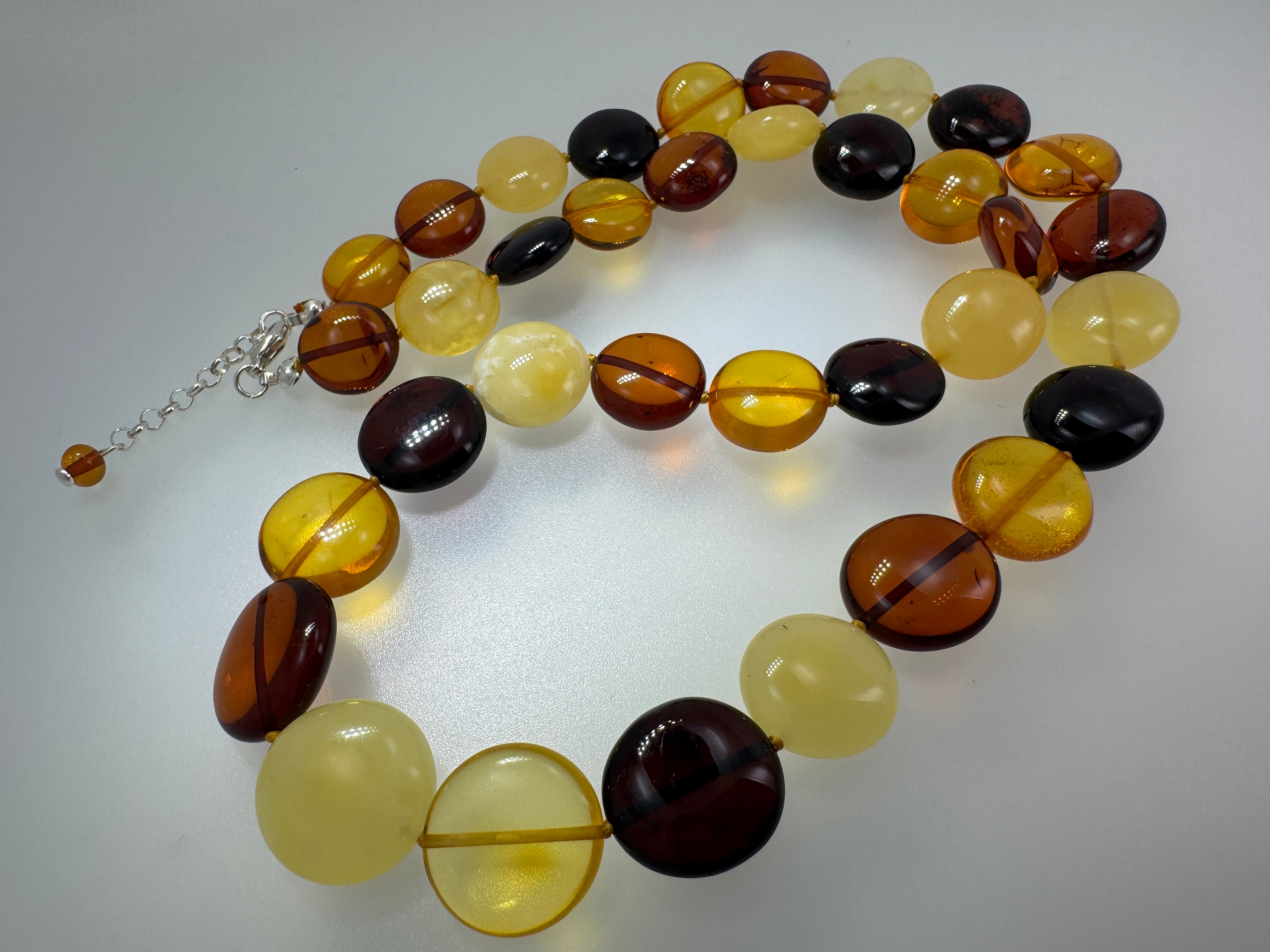 Handmade Baltic Amber Coin Bead Necklace | Butterscotch, Lemon, Honey & Cherry | 22” + 2” Extension | Lithuania