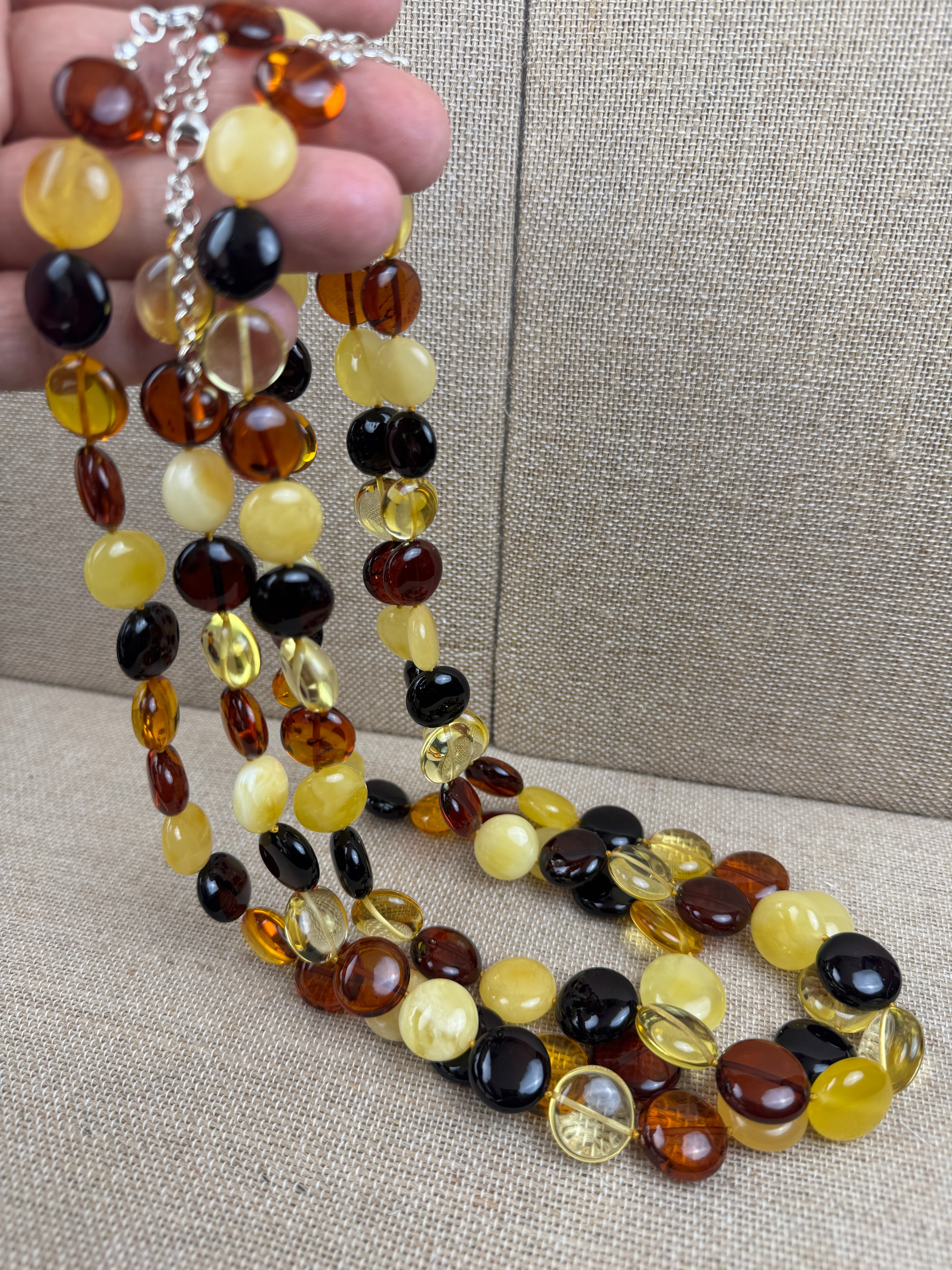 Handmade Baltic Amber Coin Bead Necklace | Butterscotch, Lemon, Honey & Cherry | 22” + 2” Extension | Lithuania