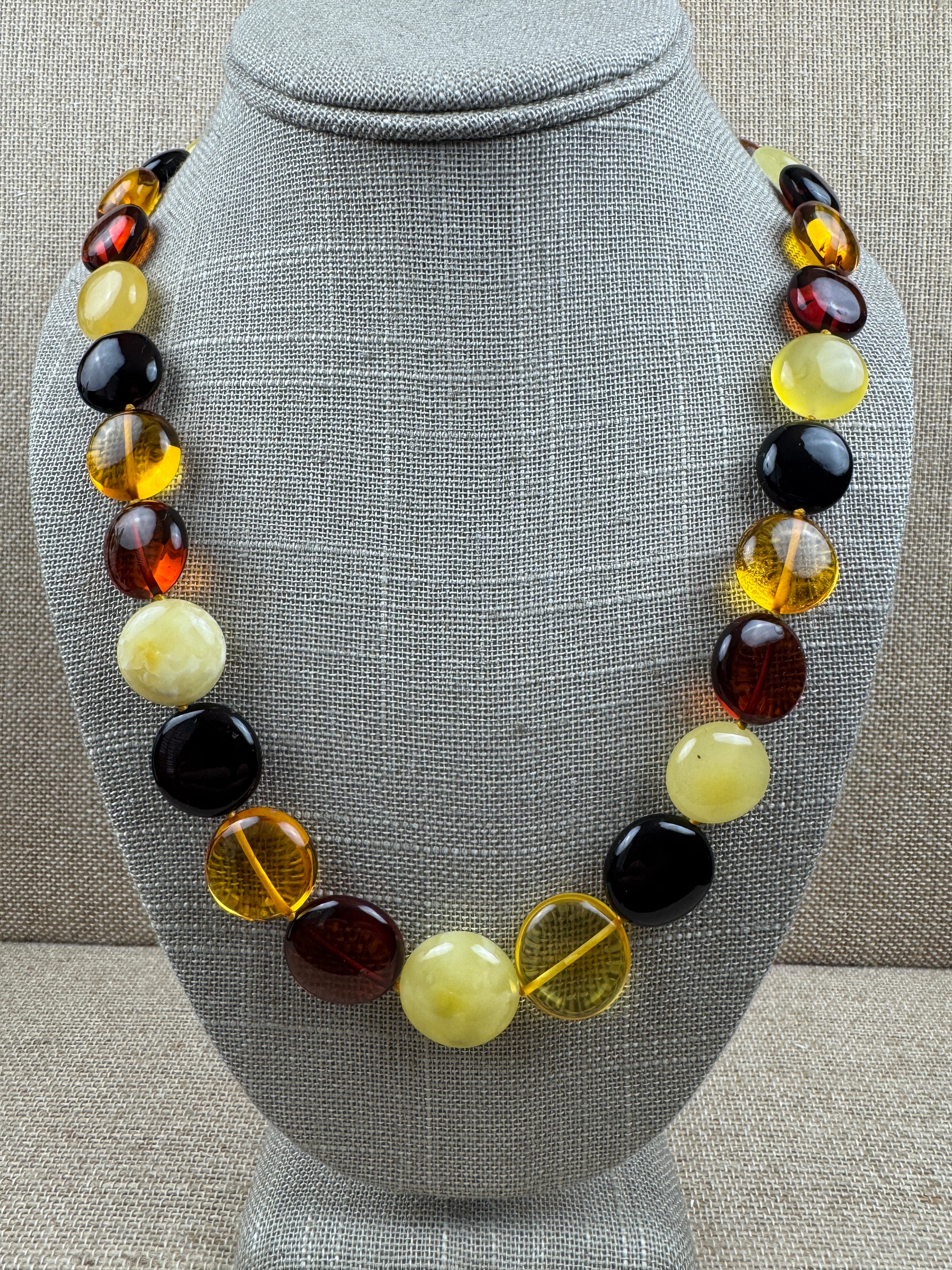 Handmade Baltic Amber Coin Bead Necklace | Butterscotch, Lemon, Honey & Cherry | 22” + 2” Extension | Lithuania